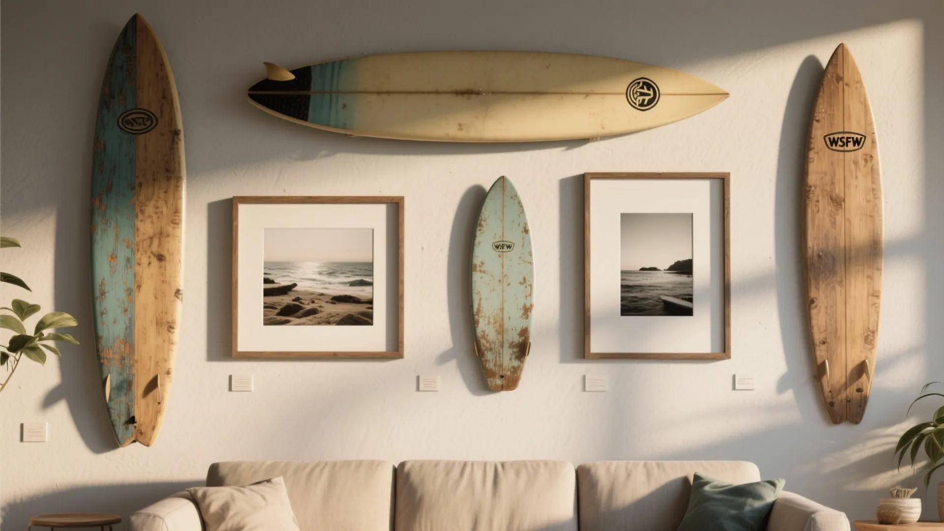 Living room wall decor featuring vintage surfboards and framed ocean photography above a beige sofa