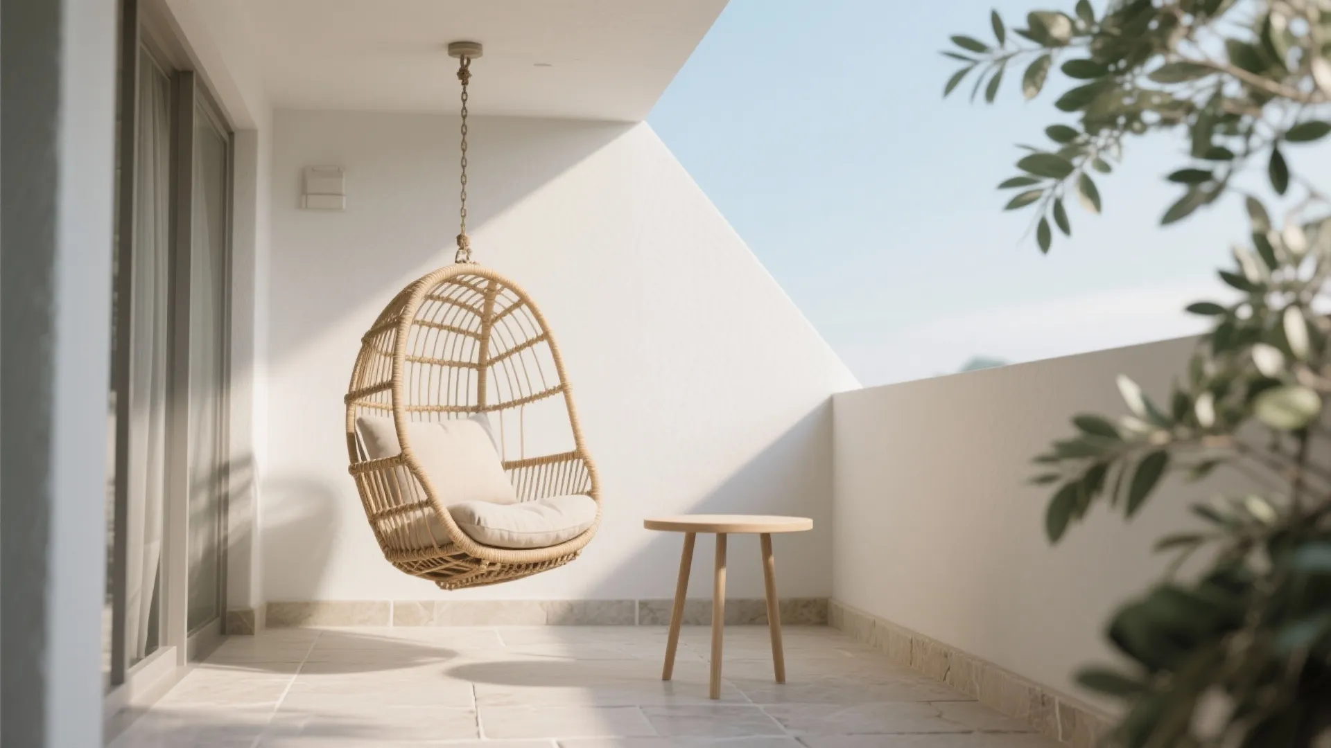 Hanging egg chair on a bright white balcony with a small round wooden side table