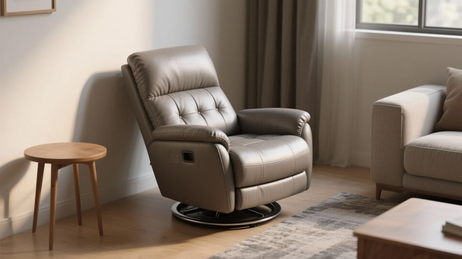 Grey leather swivel chair standing beside a small round wooden table in modern living room