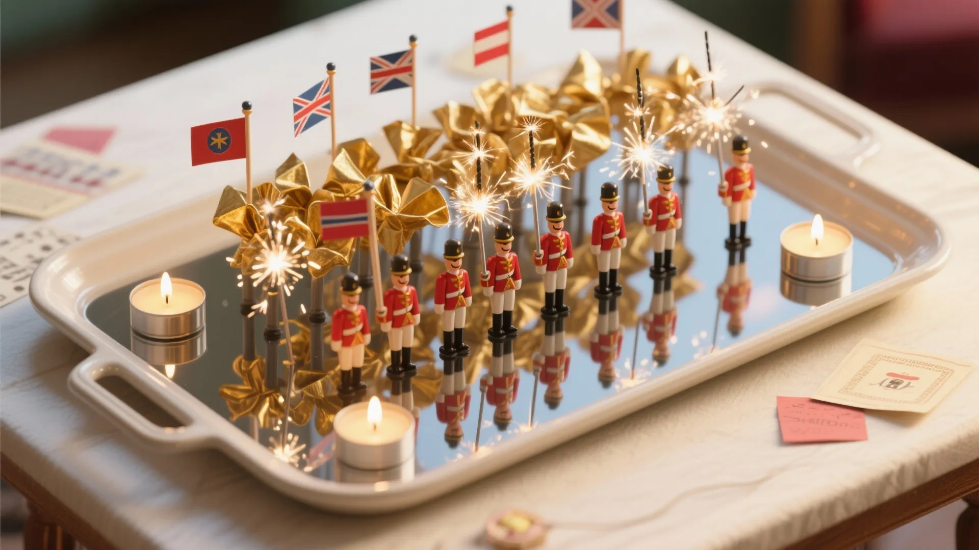 Toy soldiers holding flags and sparklers arranged on a mirrored tray with small white candles