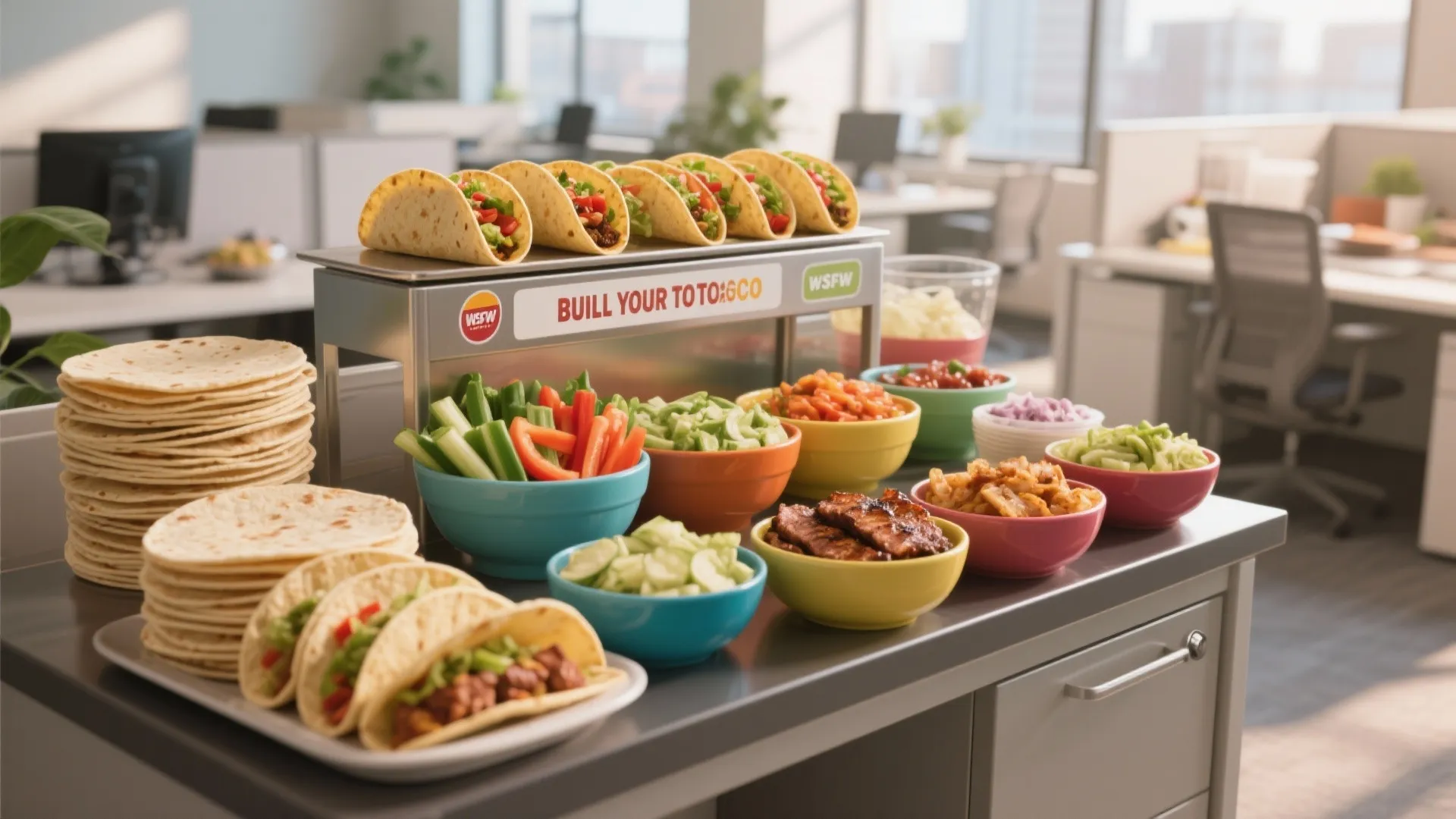 Office kitchen counter with a DIY taco bar featuring fresh vegetables and bowls of toppings