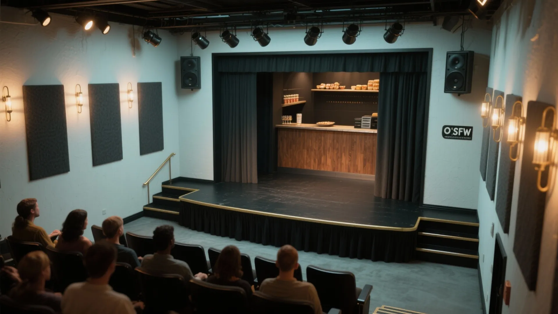 Small theater with elevated stage, staggered seating, acoustic panels, and directional stage lighting for intimate performances.