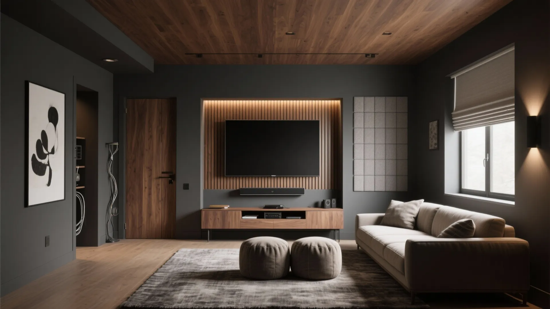 Dark gray room with wood ceiling television on wall panel wooden cabinet sofa and footrests