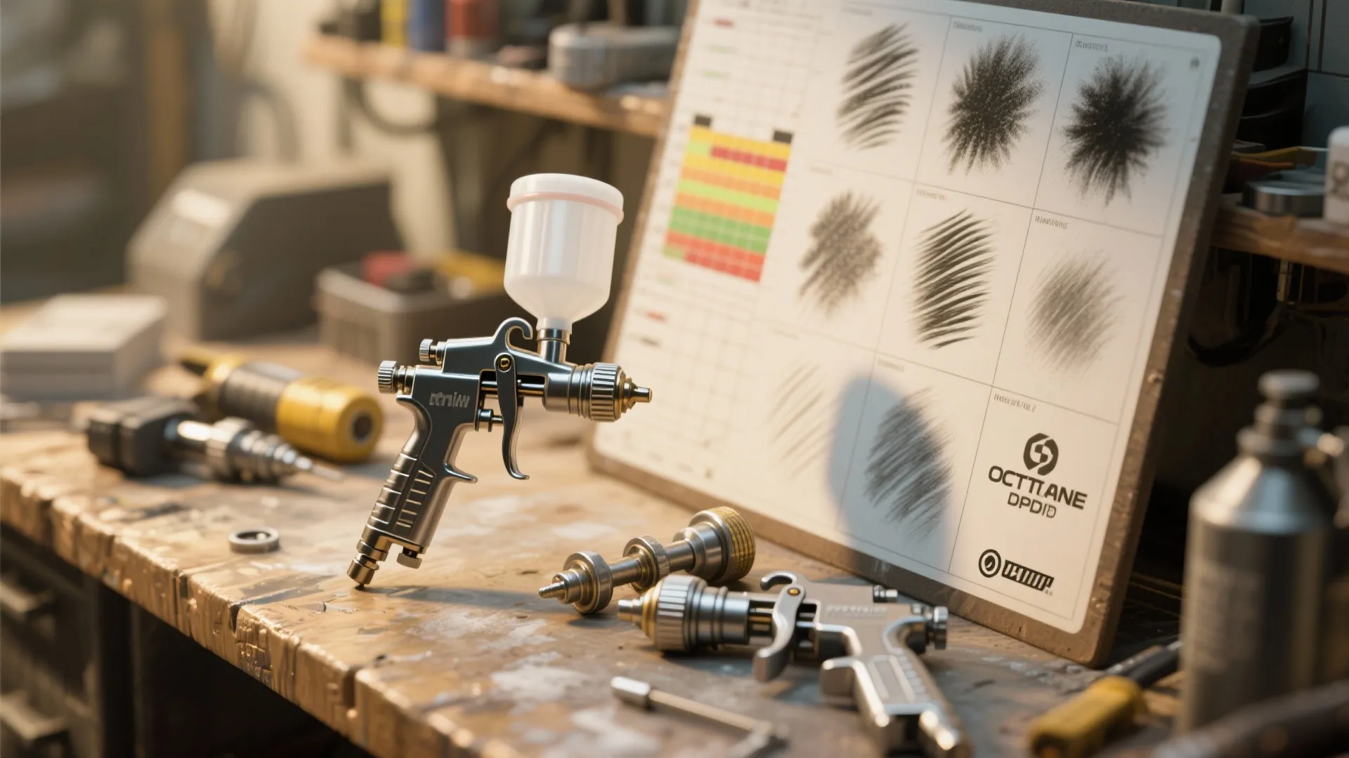 Macro view of mini sprayer nozzles and test board showing spray patterns for detail work.