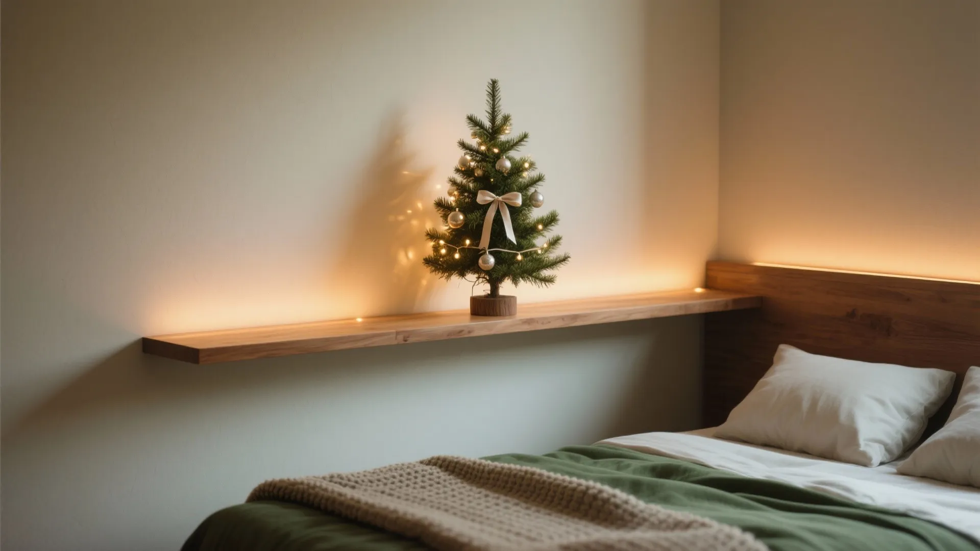 Small decorated Christmas tree on a wooden wall shelf above a bed with white pillows