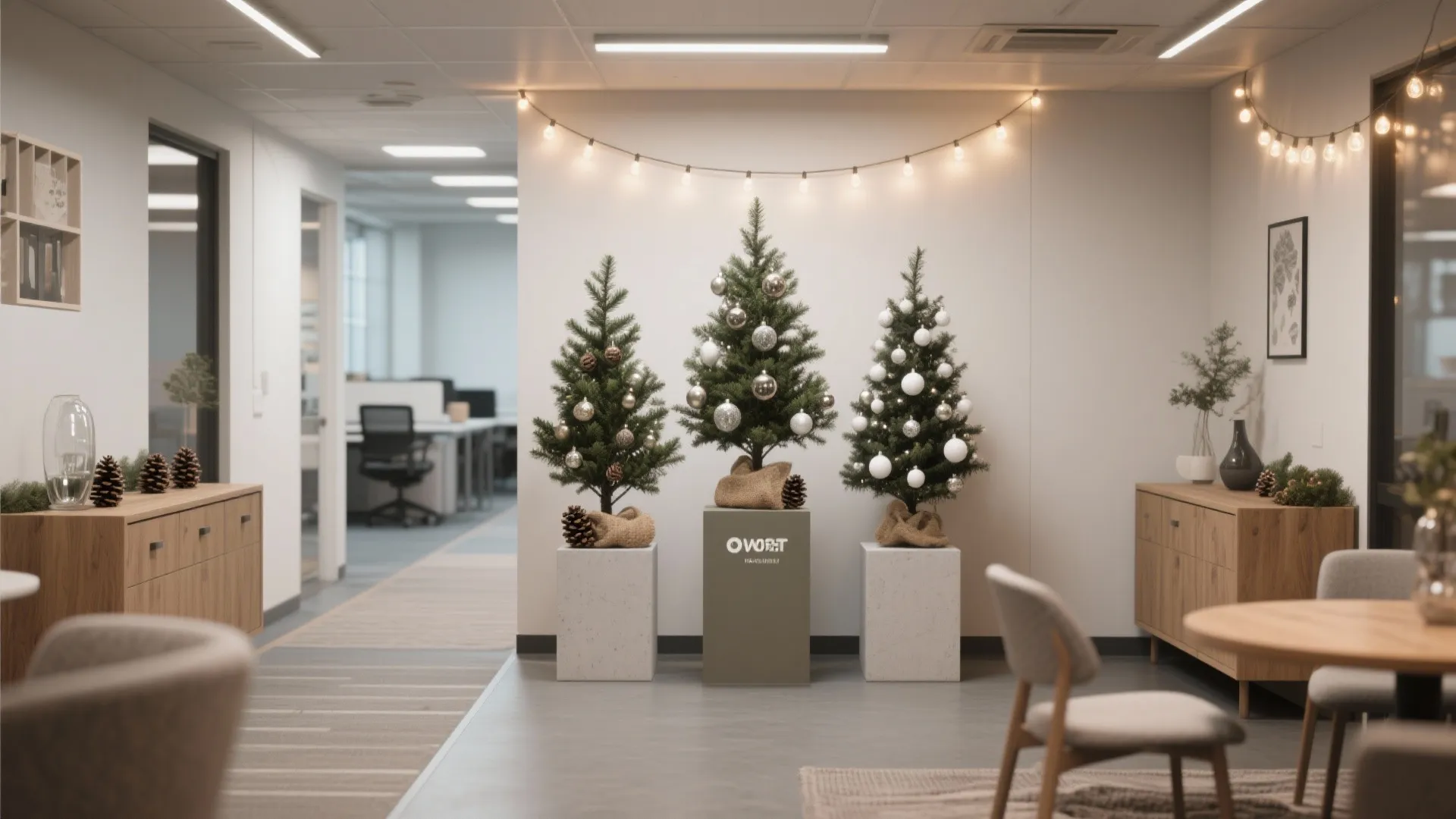Three small decorated Christmas trees on white stands in a modern office with string lights