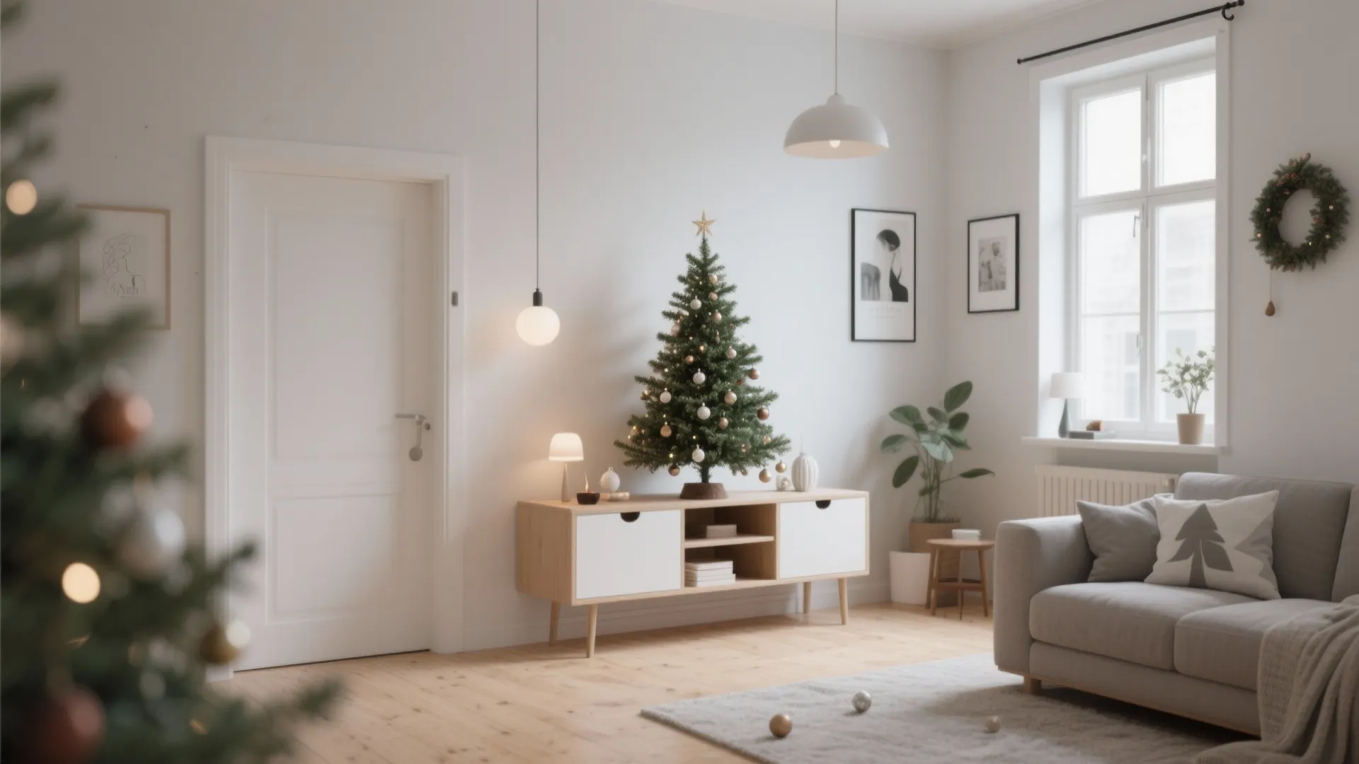 Small Christmas tree on console table in a compact apartment