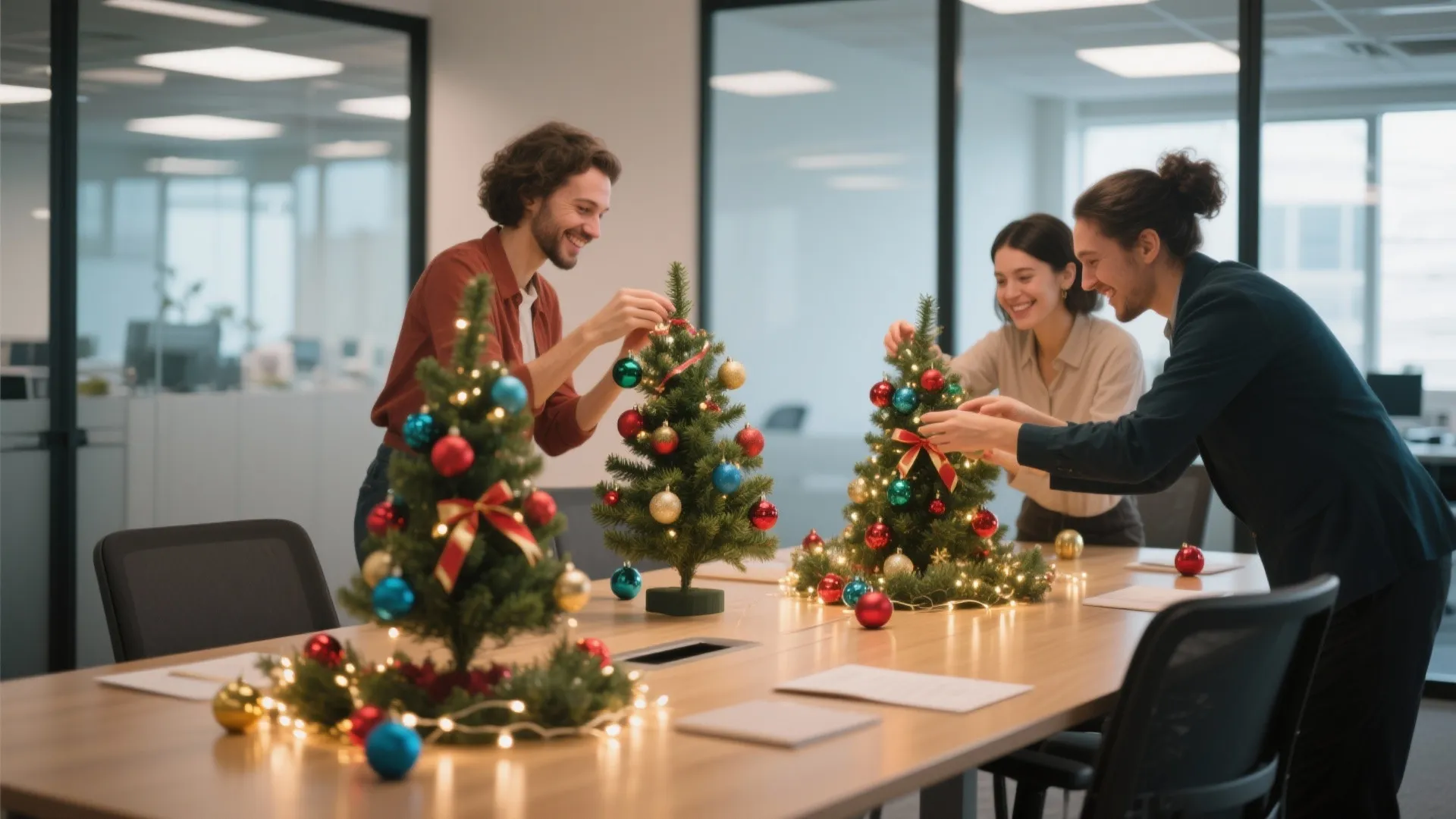 Coworkers decorating small green trees with colorful balls and lights on a long wooden office table