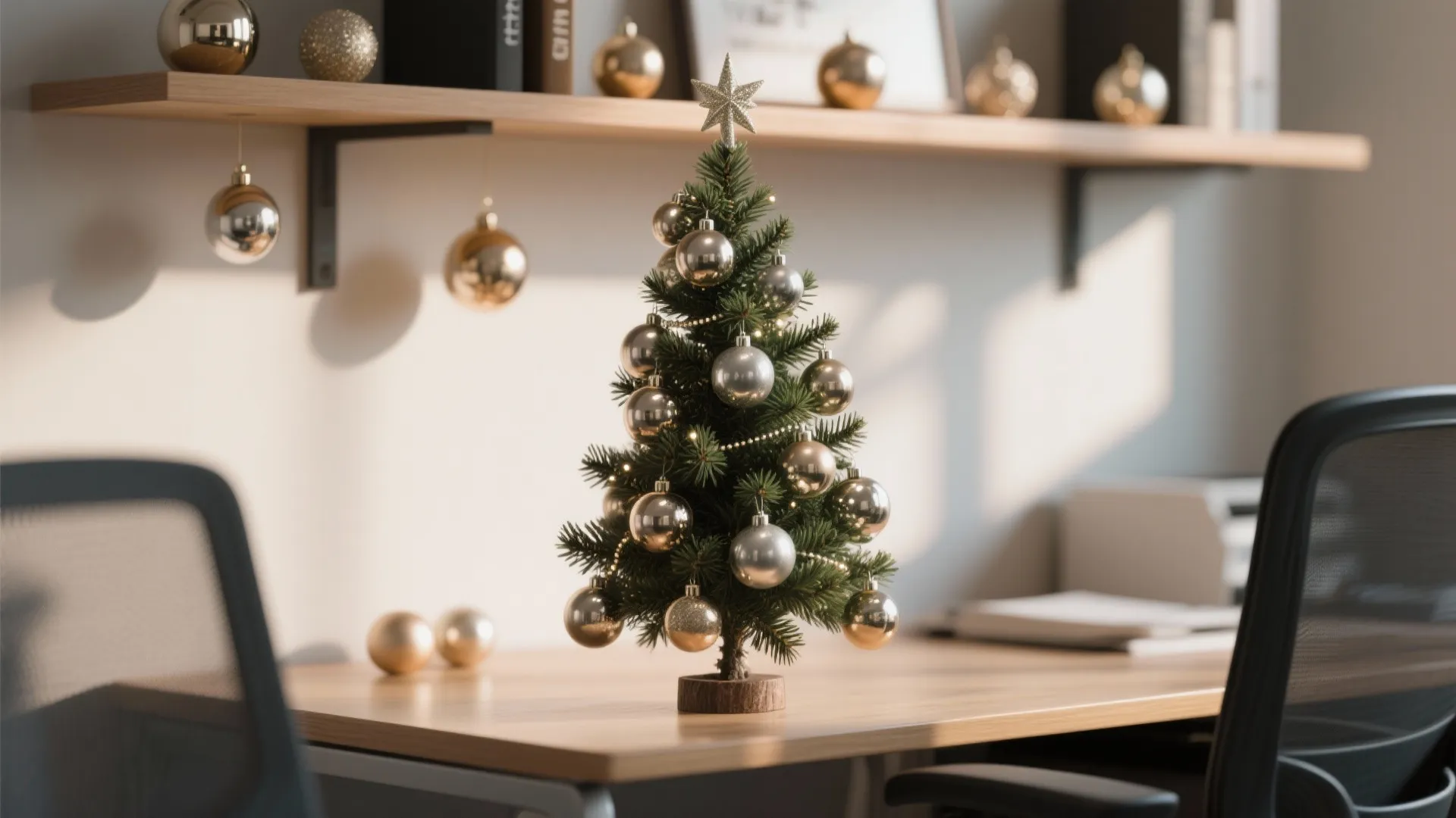 Small decorated Christmas tree on a wooden desk with gold balls and office chairs nearby