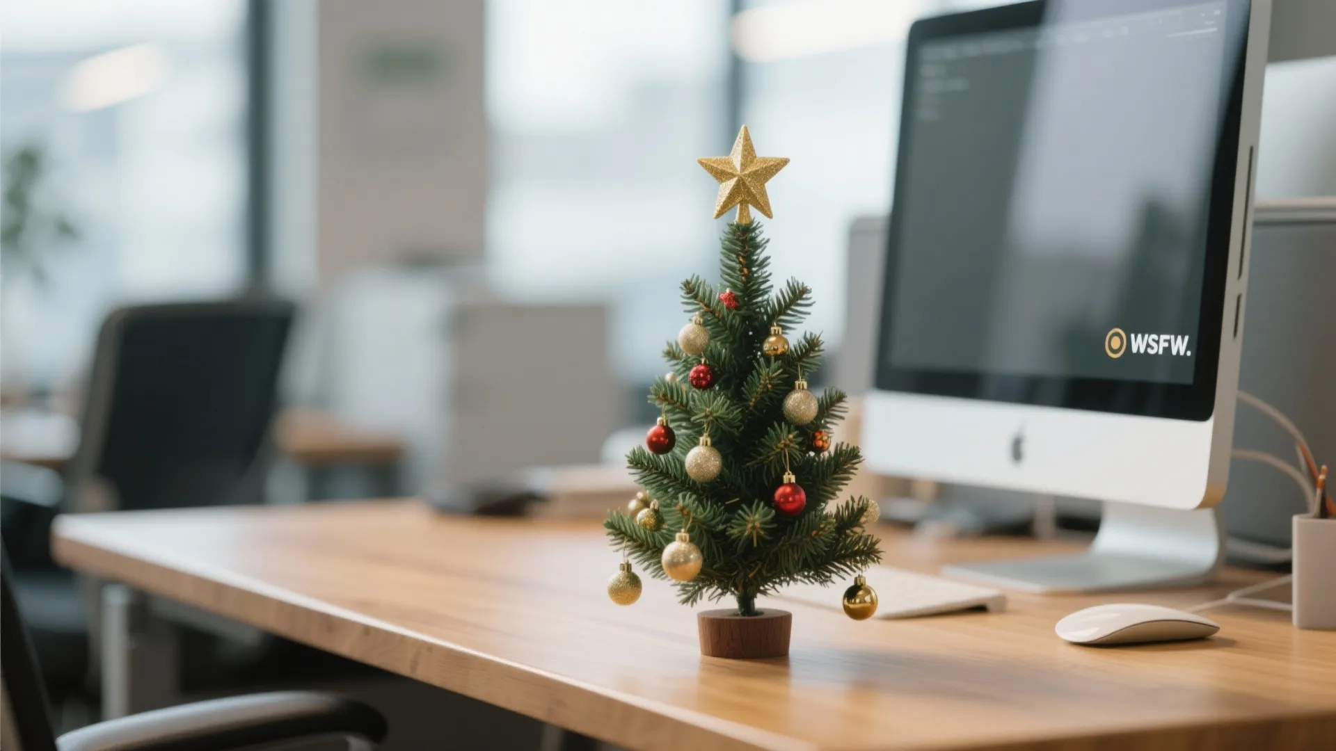 Small decorated Christmas tree on a wooden office desk next to a modern computer monitor