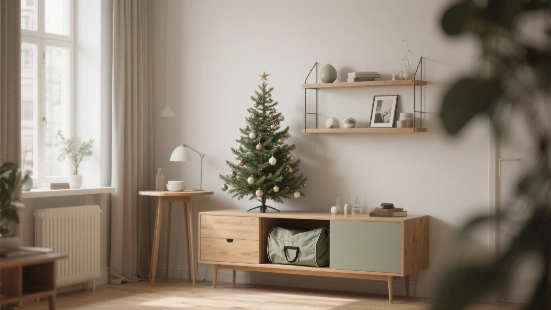 Minimalist living room featuring small Christmas tree on wooden cabinet beside window with light curtain