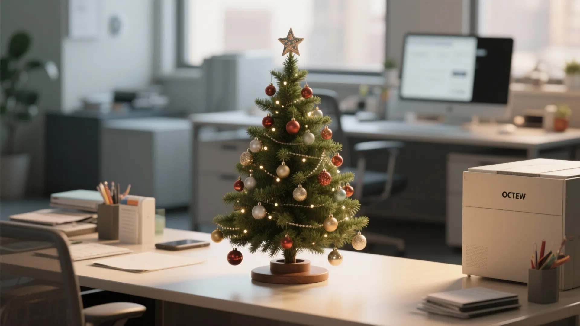 Small decorated Christmas tree on an office desk with computer and paper in a workspace