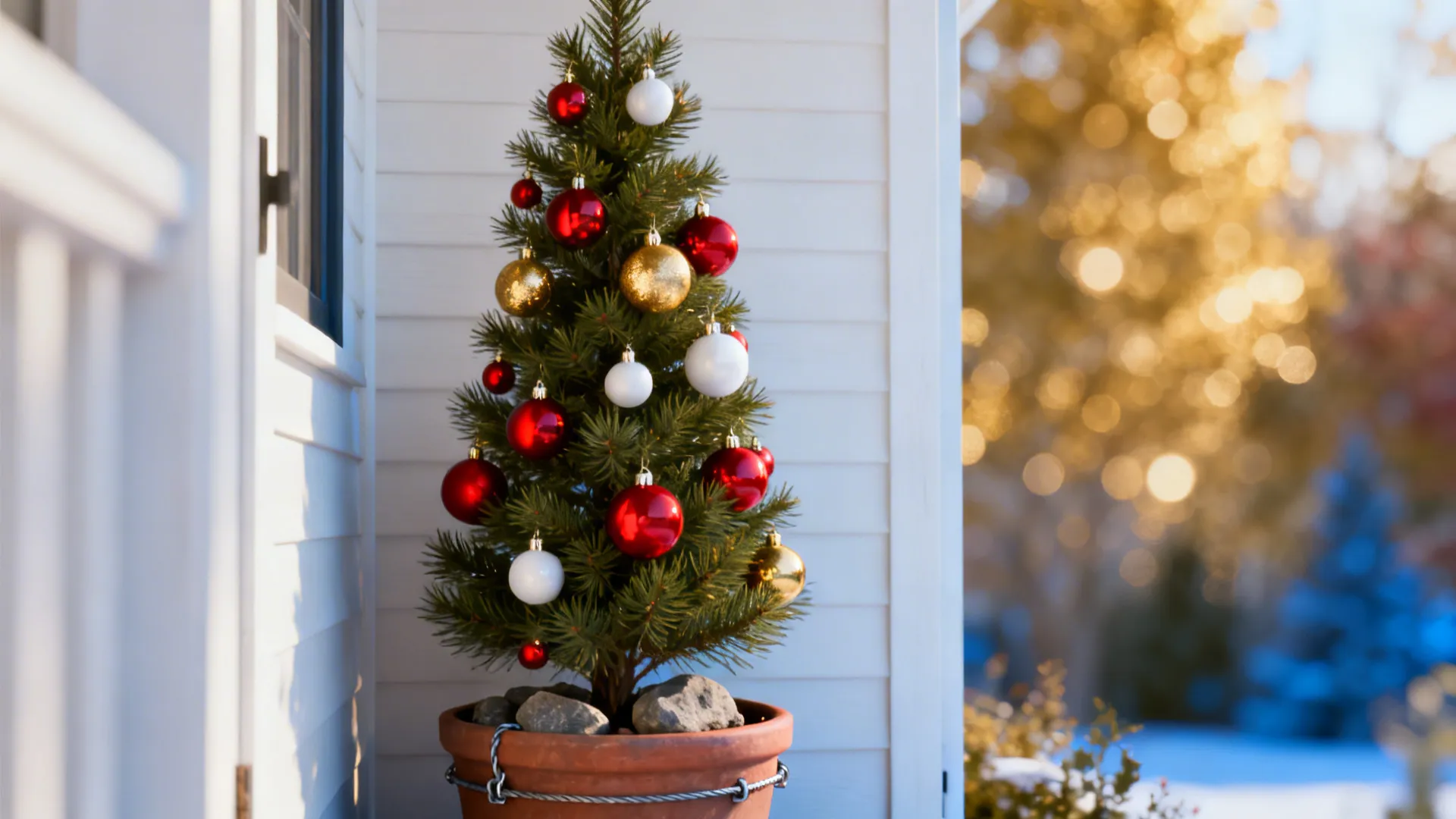 Potted tabletop Christmas tree with coordinated ornaments on a small porch corner.