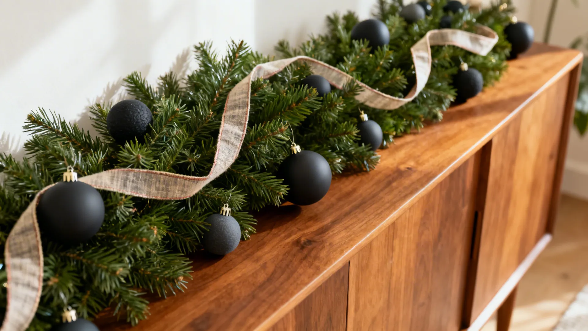 Tabletop evergreen with matte ornaments and ribbon garland on a console