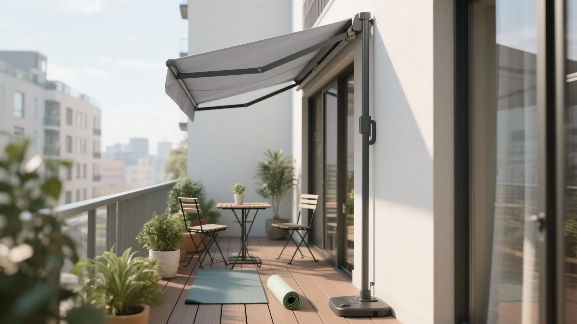 Modern apartment balcony with wooden floor small table two chairs grey awning and yoga mat