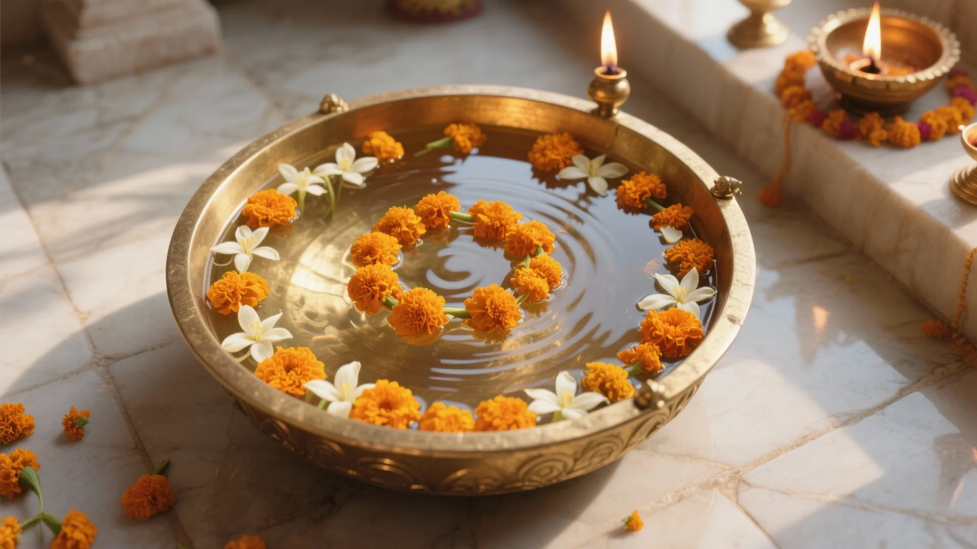 Golden bowl filled with water orange and white flowers on a bright marble floor surface