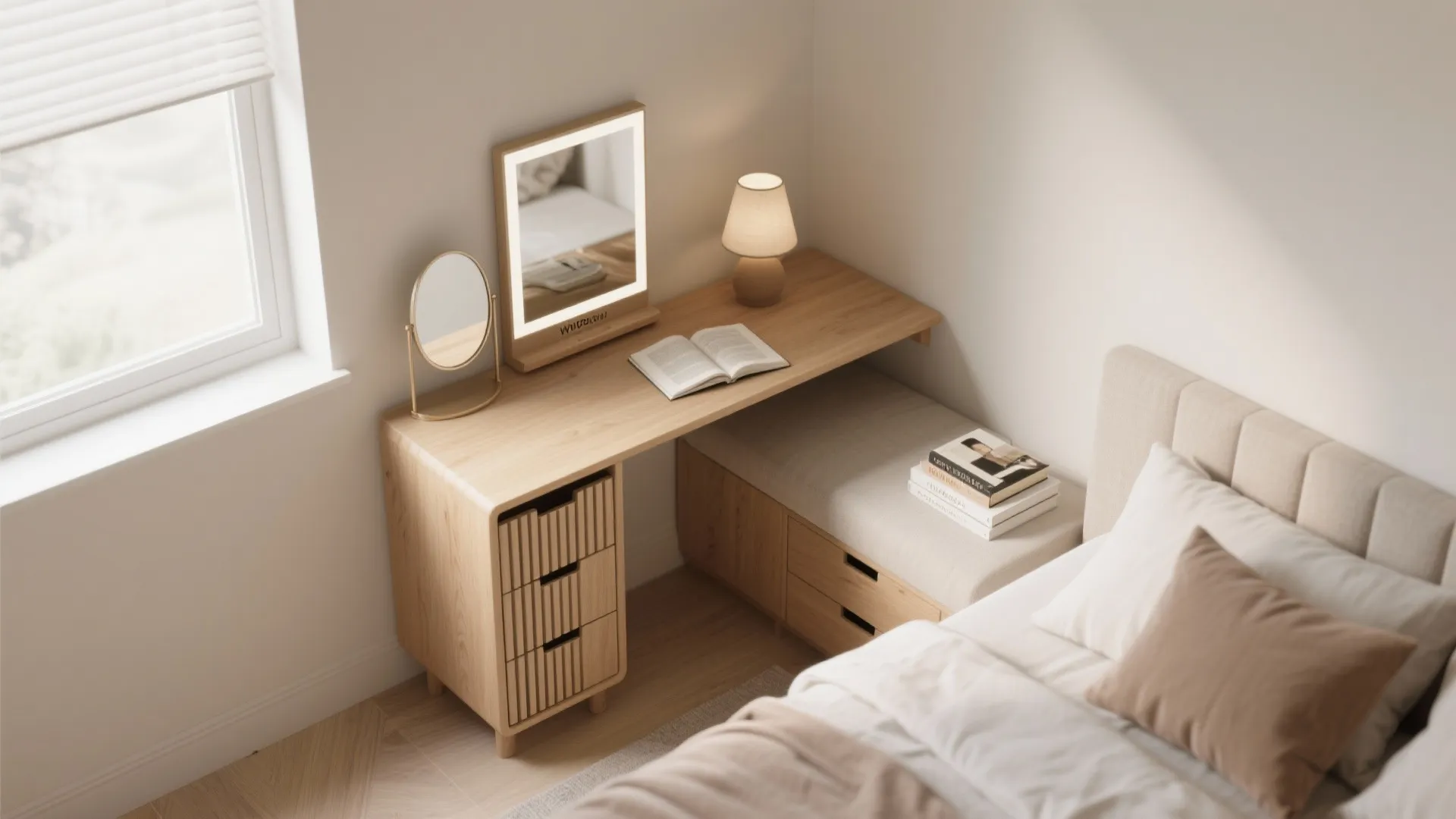 Small wooden makeup desk with lighted mirror table lamp drawers and a cozy neutral colored bed