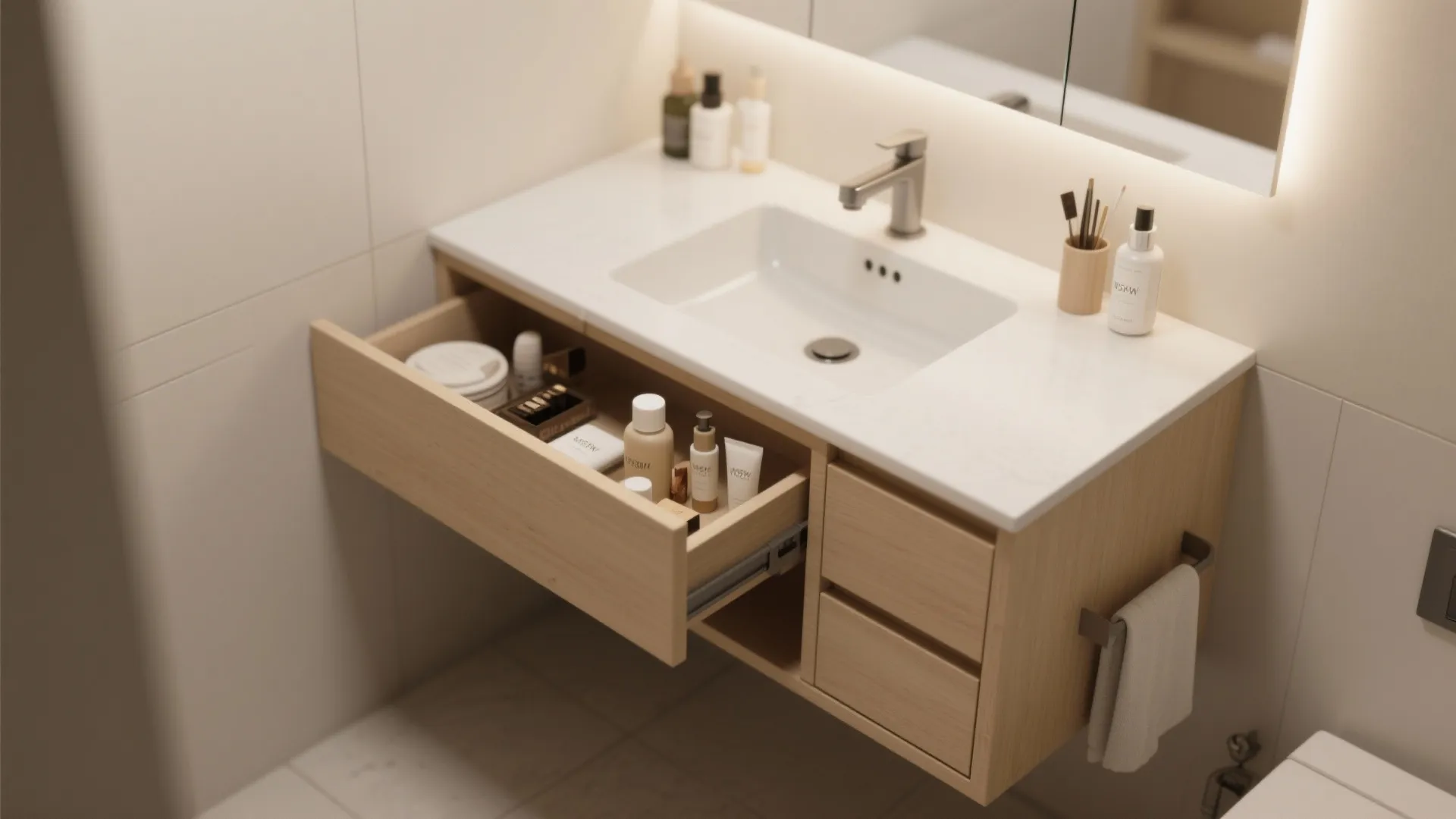 Wooden bathroom cabinet with open drawer showing skin care products white sink and lighted mirror