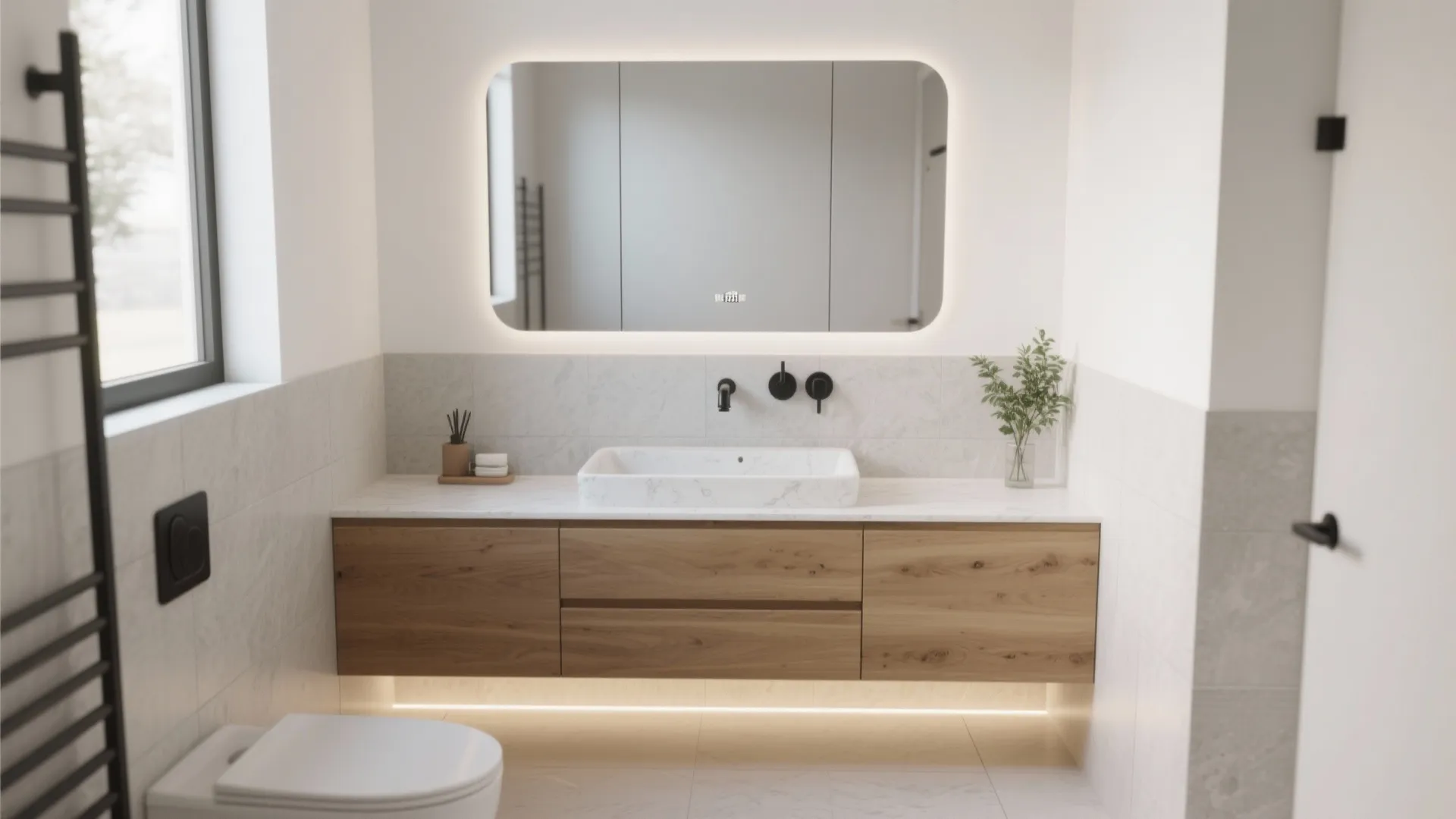 Modern bathroom with wooden cabinet backlit mirror white sink black faucets and white tiled walls