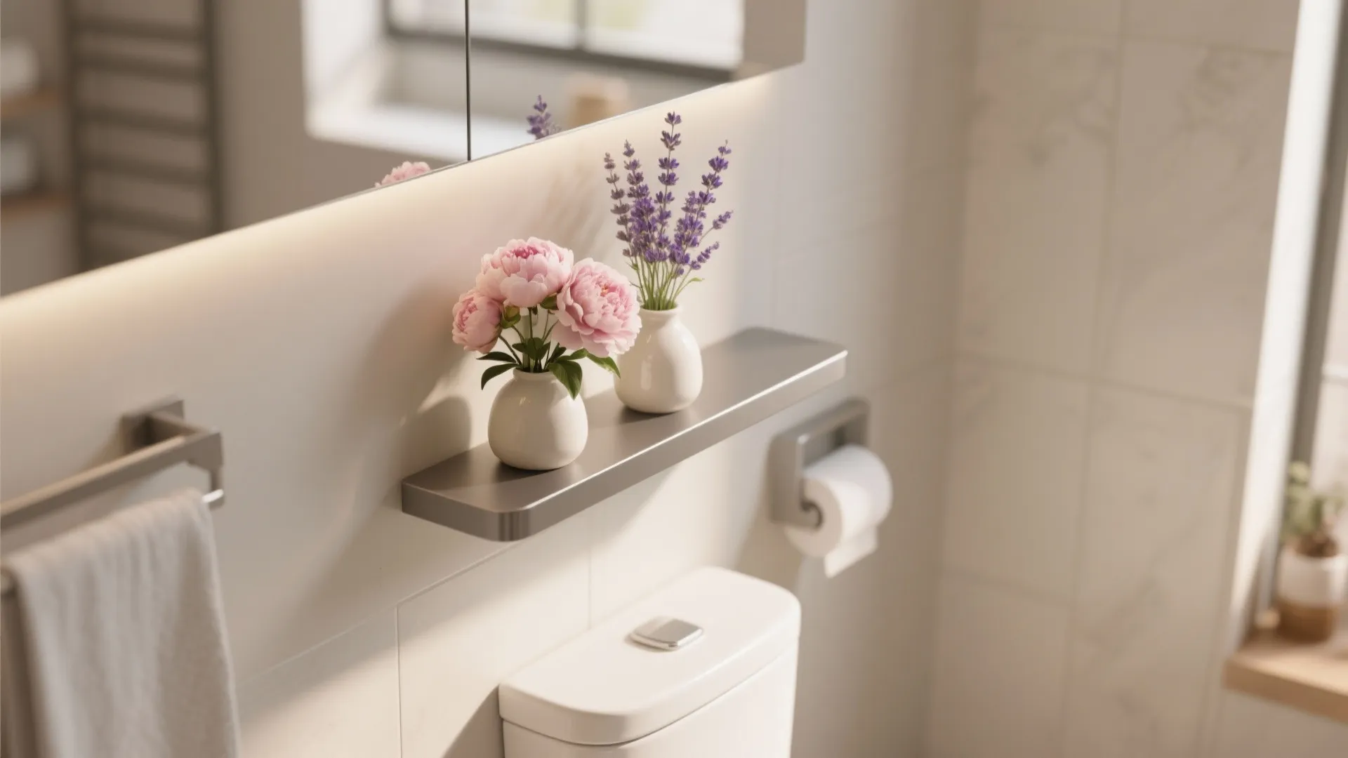Small white vases with pink flowers and purple lavender on a shelf above a toilet