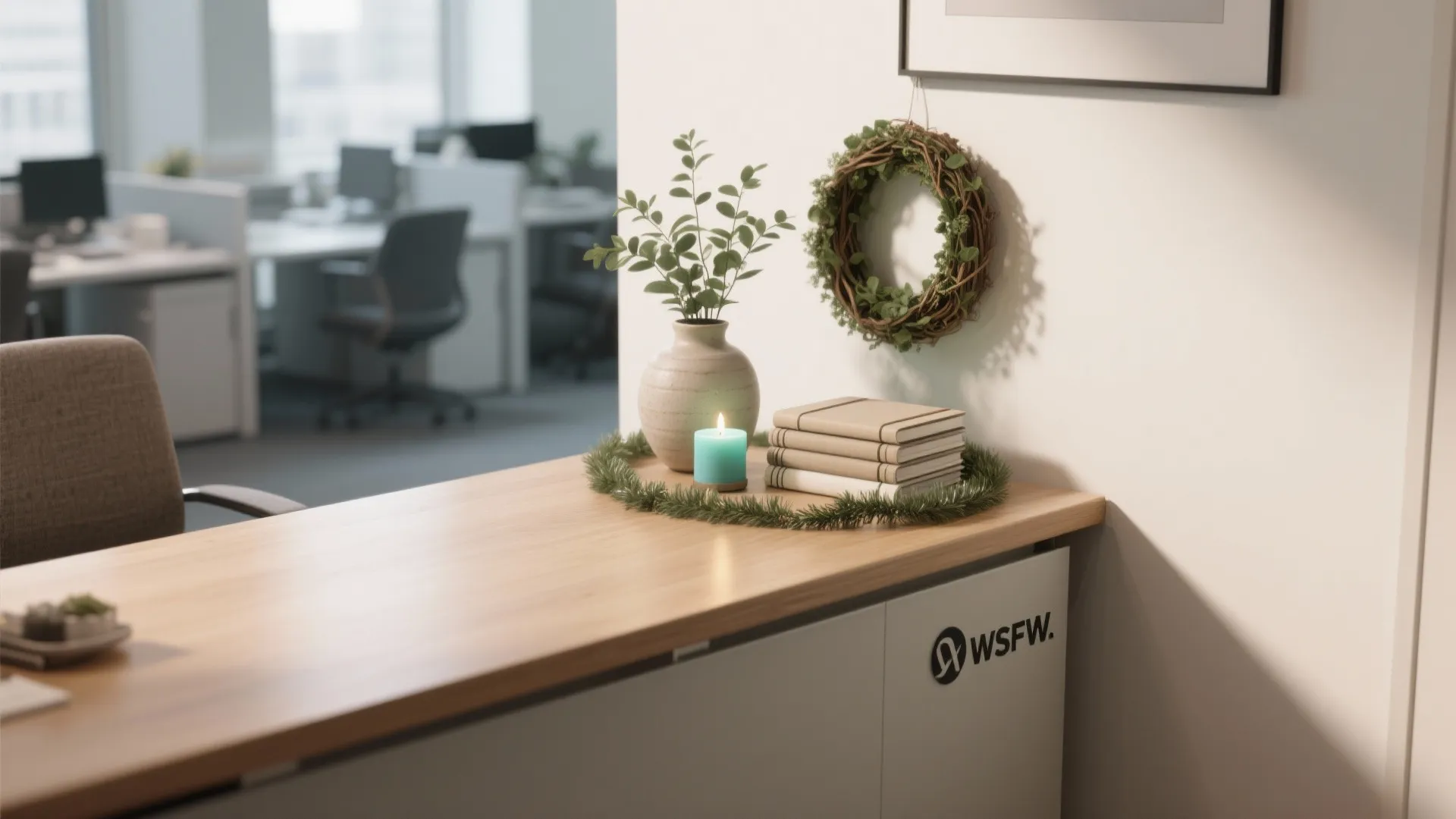 Office desk decorated with a green wreath candle plant in vase books and office chairs
