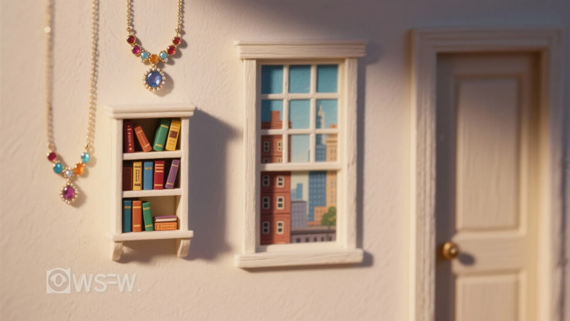 Macro view of a tiny painted vignette: a miniature bookshelf and window painted on a small wall.