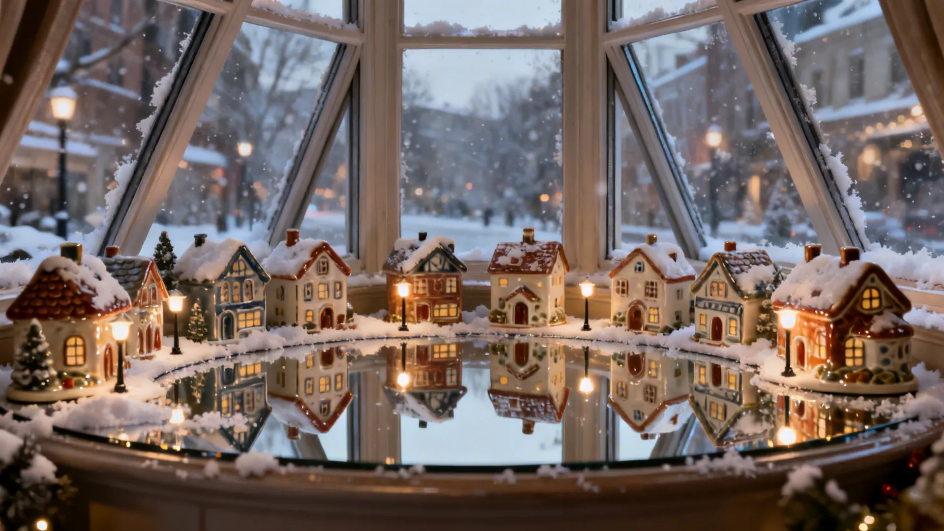 Miniature winter village on a mirrored base in a bay window with faux snow and warm LED lights.