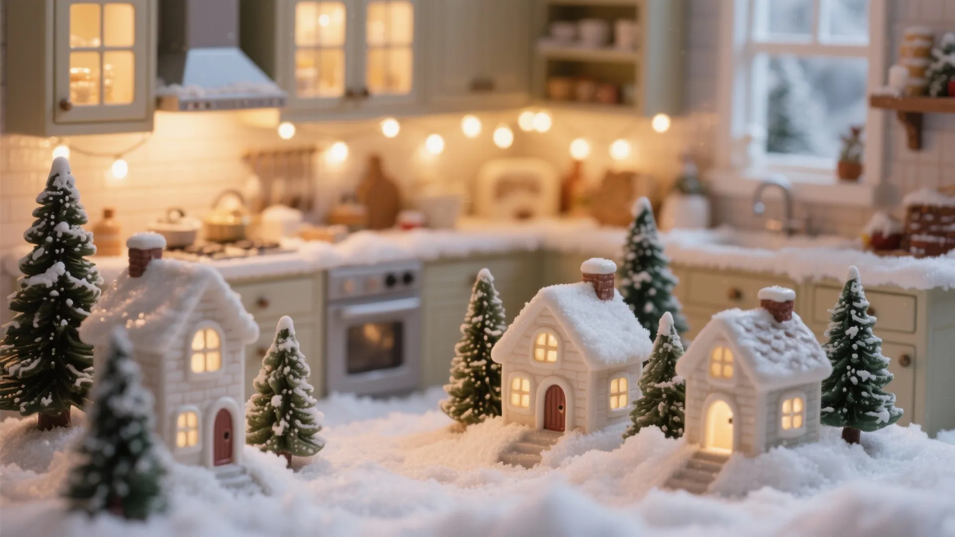 Small toy houses and green pine trees covered in white snow on a kitchen counter