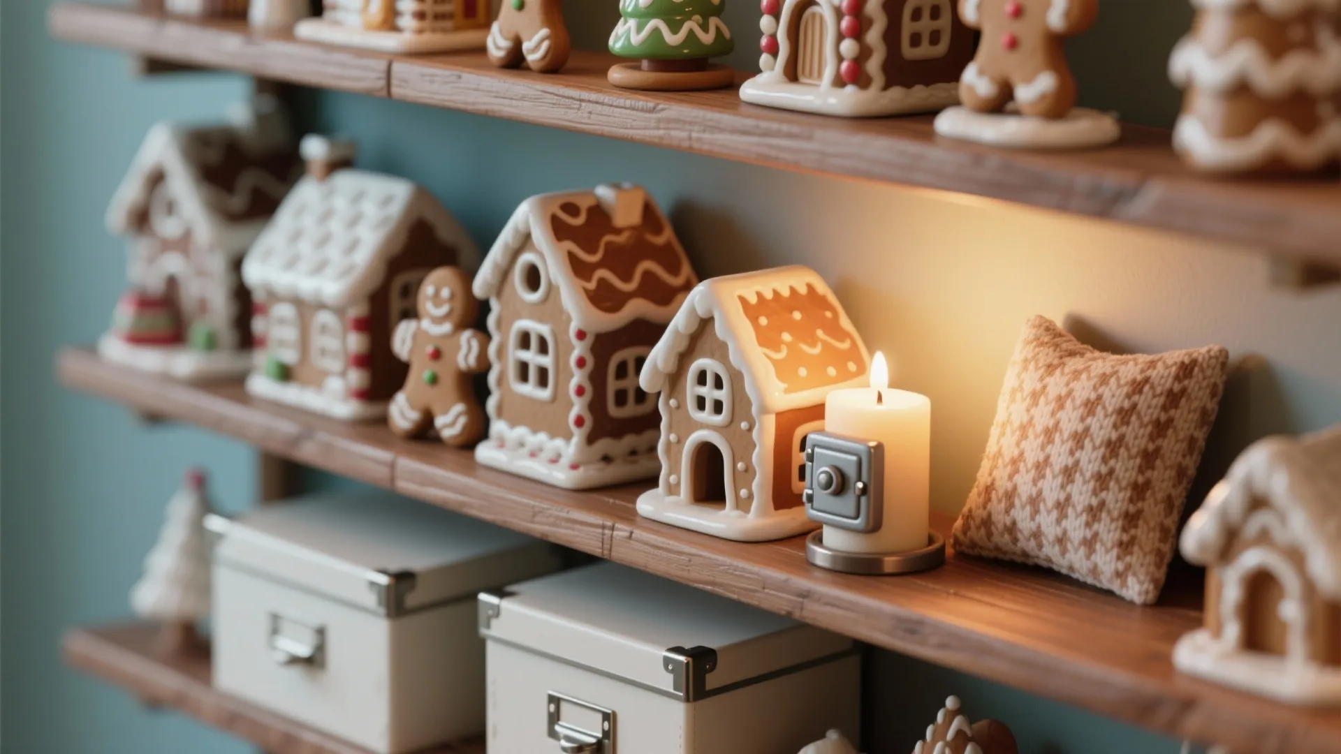 3. Miniature Gingerbread Village Shelf