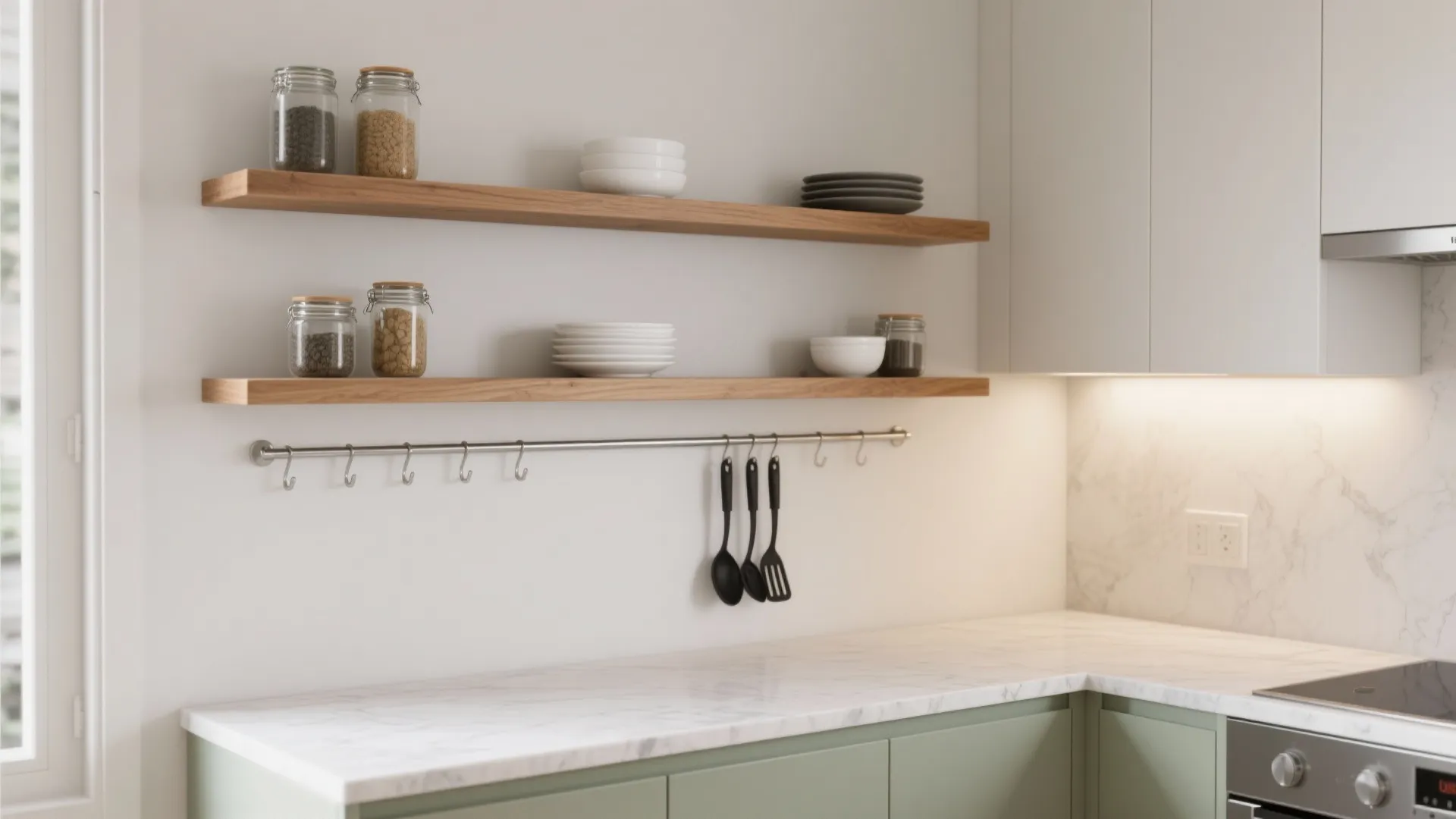 Two wooden floating wall shelves with glass jars and white plates in a modern green kitchen