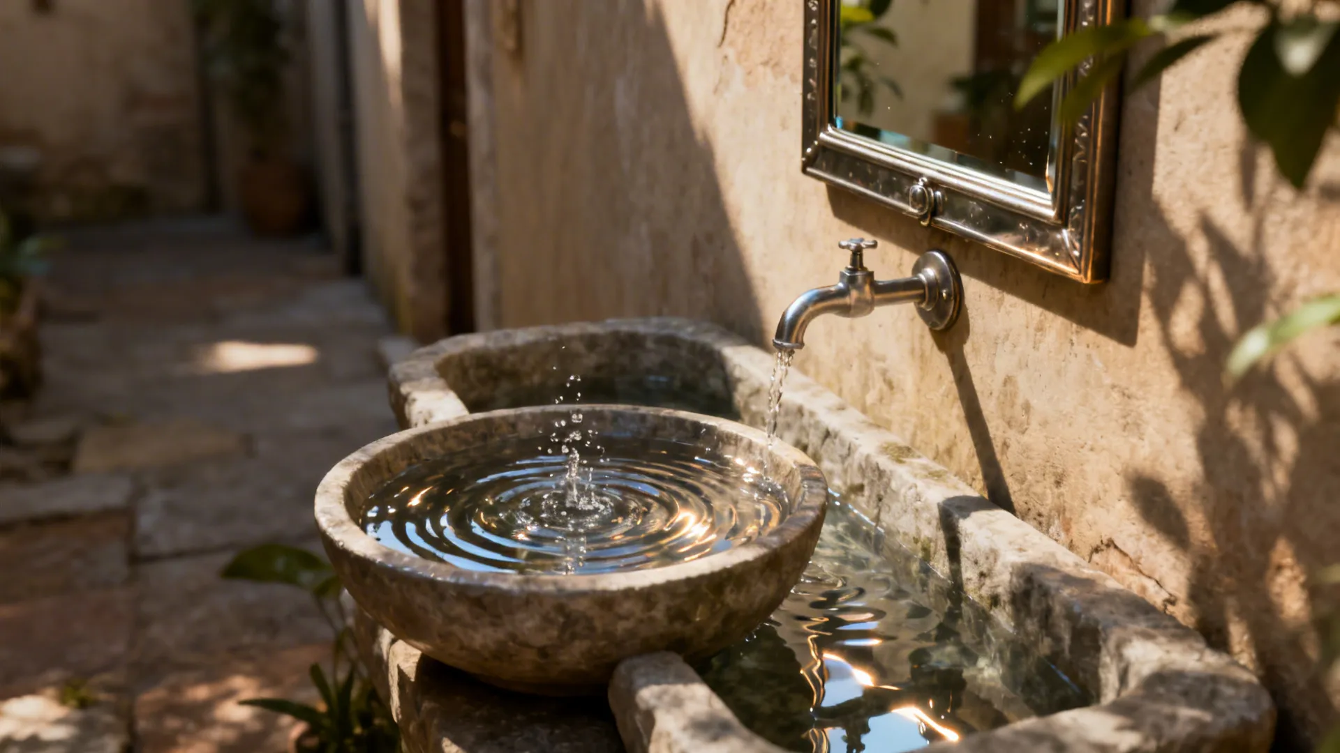 Shallow bubbling water bowl with mirror reflection above a stone trough in a small courtyard.