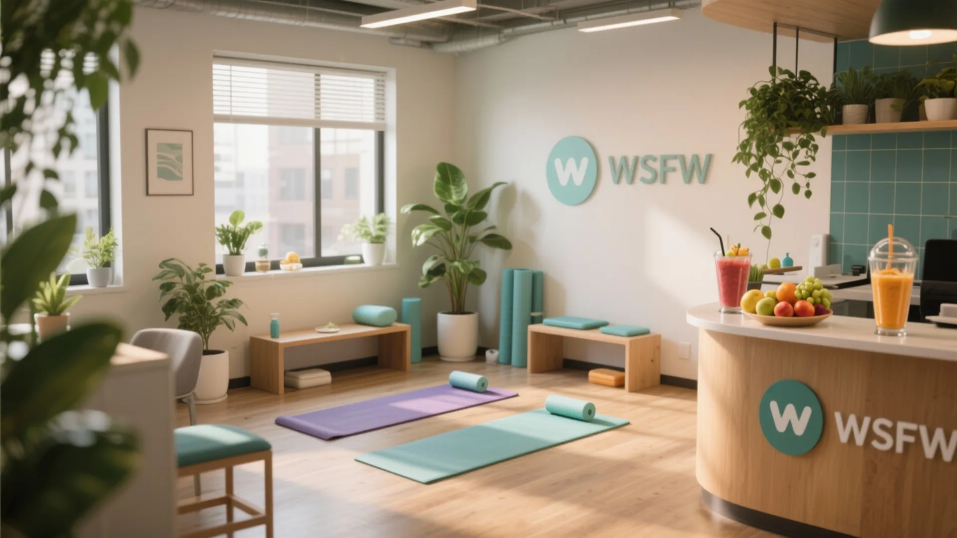 Modern office wellness room with yoga mats plants wooden benches and a fresh juice counter