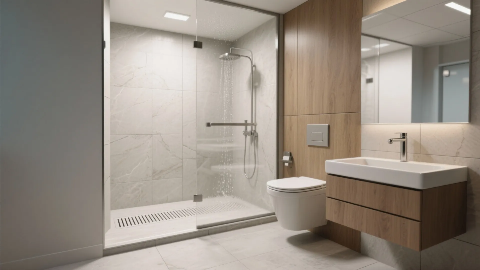 Modern bathroom interior design featuring a glass shower area white toilet and wood wall panel