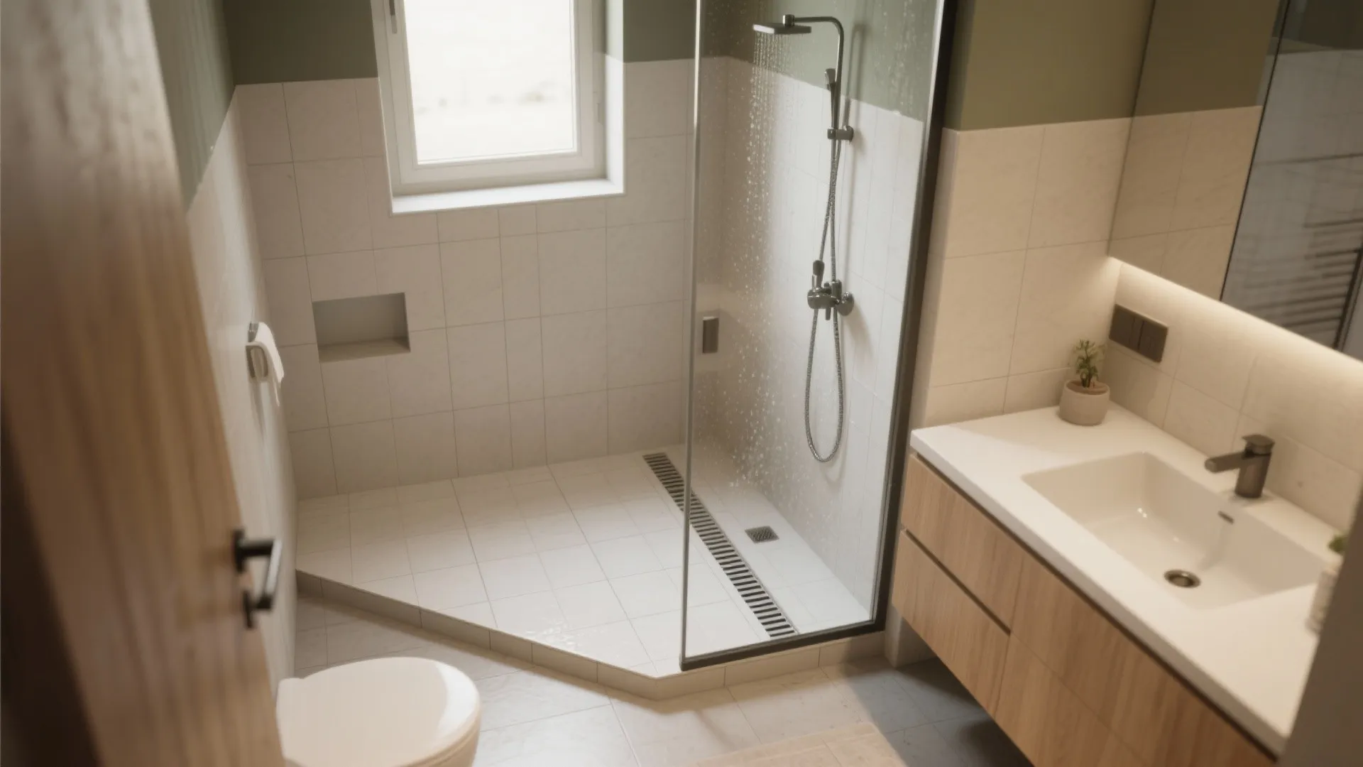 Mini wet room with continuous large-format tiles, glass partition, and a linear drain in a small bathroom.