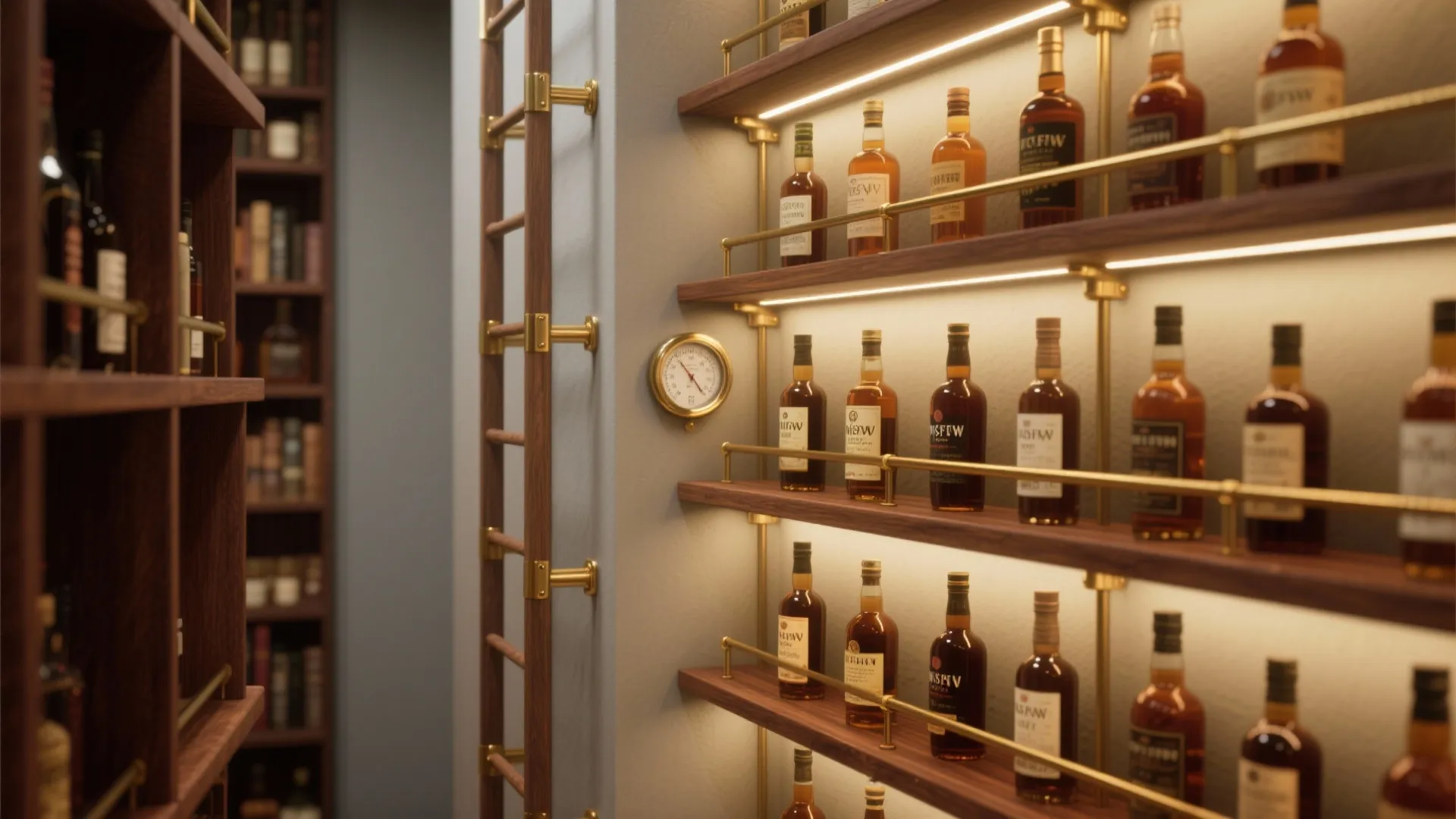 Narrow wall mini whiskey library with staggered shallow shelves, ladder rail and LED backlighting.