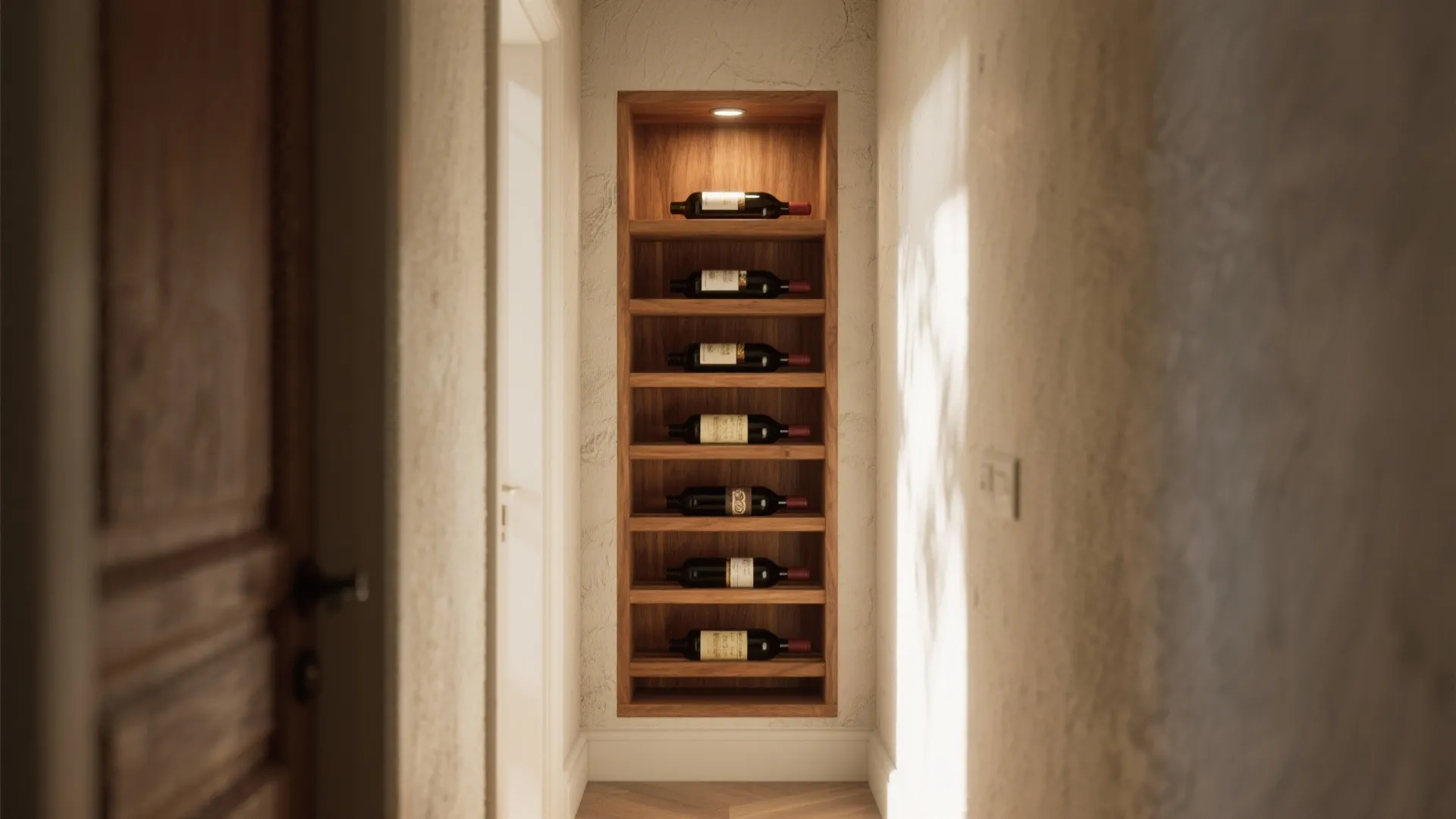 Built-in wooden wine rack in a narrow hallway with glass bottles and warm shelf lighting