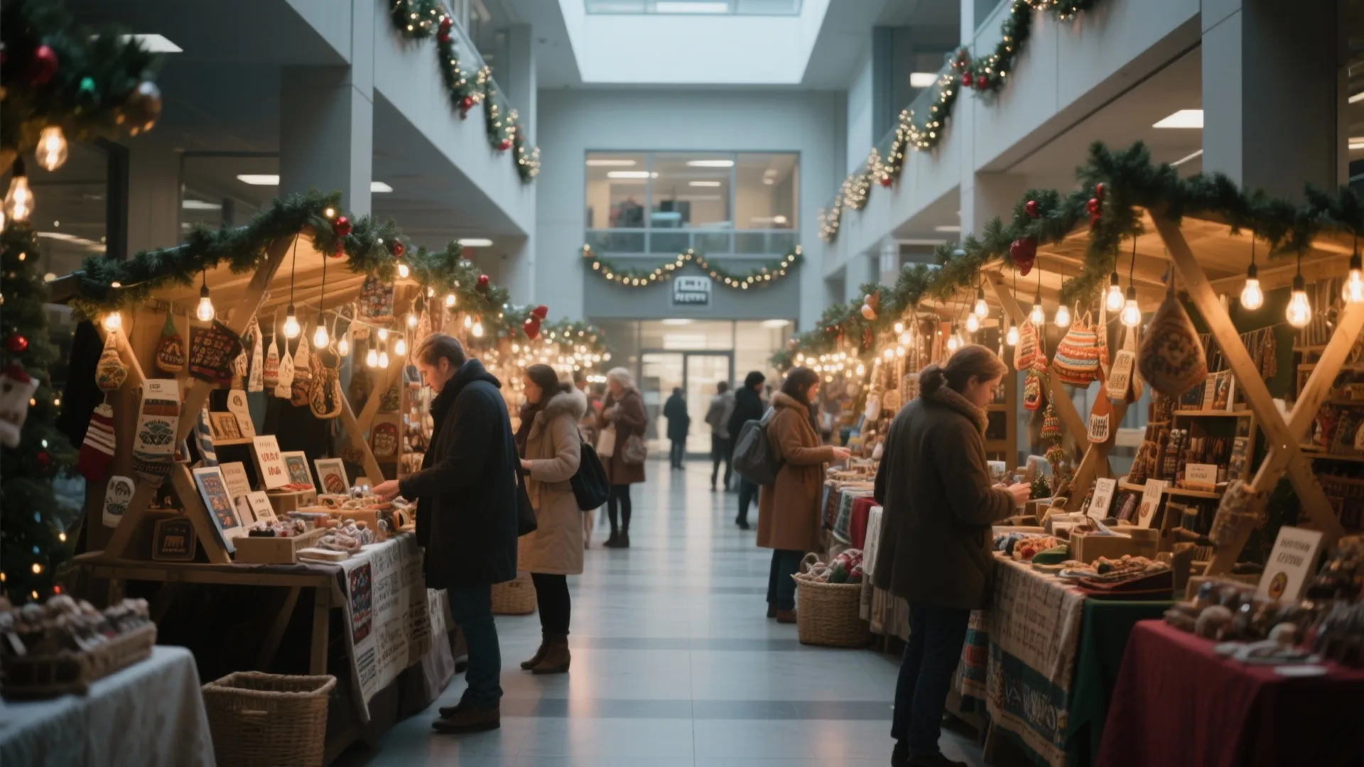 Mini Christmas market stalls inside office lobby