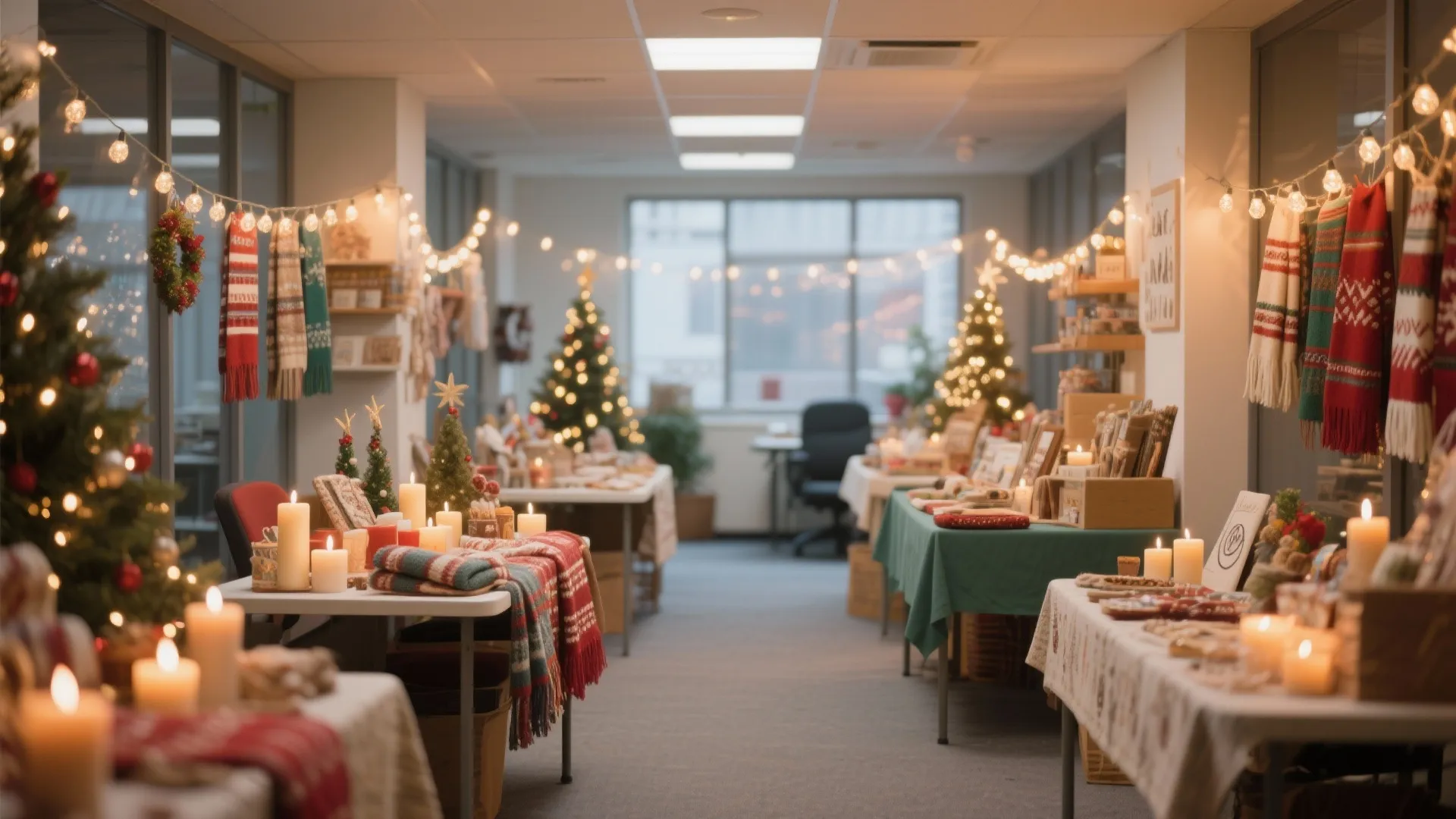 Indoor office holiday market with decorated tables candles small trees and festive lights for shopping