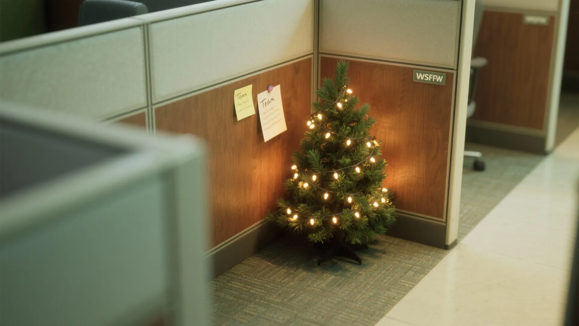 A cubicle corner vignette with a tiny tree, warm lights, and a pinned handwritten team note.