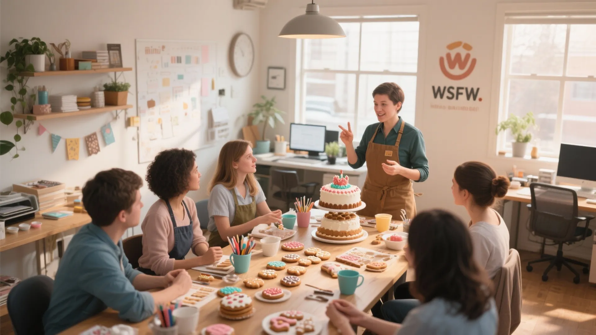 Baking workshop in an office with a teacher showing how to decorate cakes and cookies