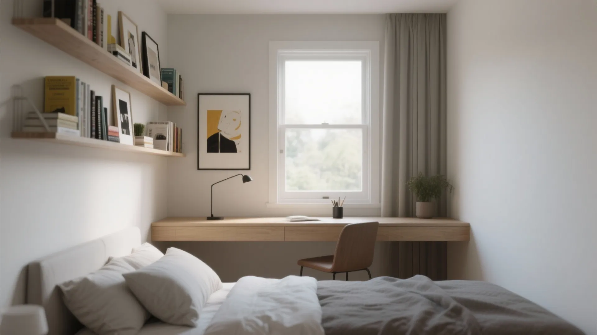 Small bedroom featuring a long wooden desk under windows with wall shelves and a bed