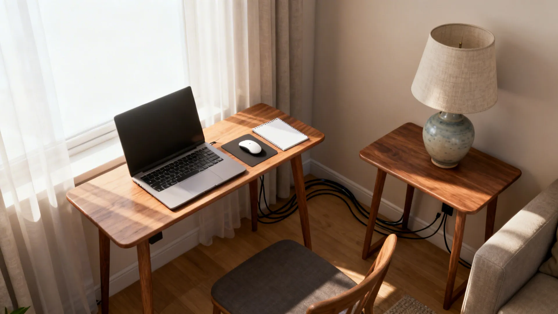 End tables used as a slim workstation and accent surface in a compact living room.