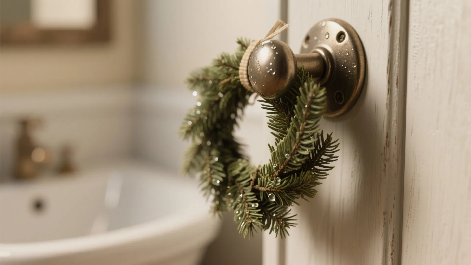 Small green pine wreath hanging on a round metal door handle in a white bathroom