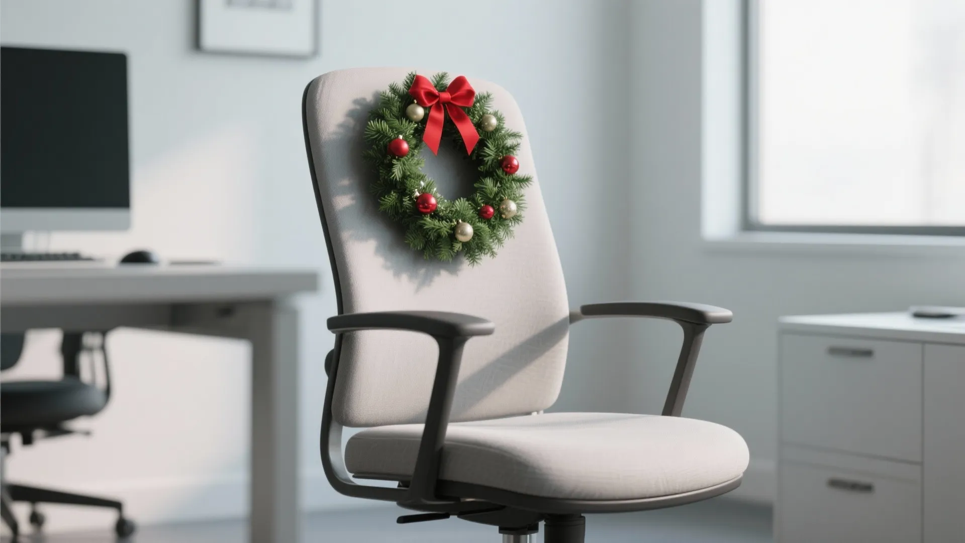 Modern grey office chair decorated with a green Christmas wreath featuring red ribbon and balls