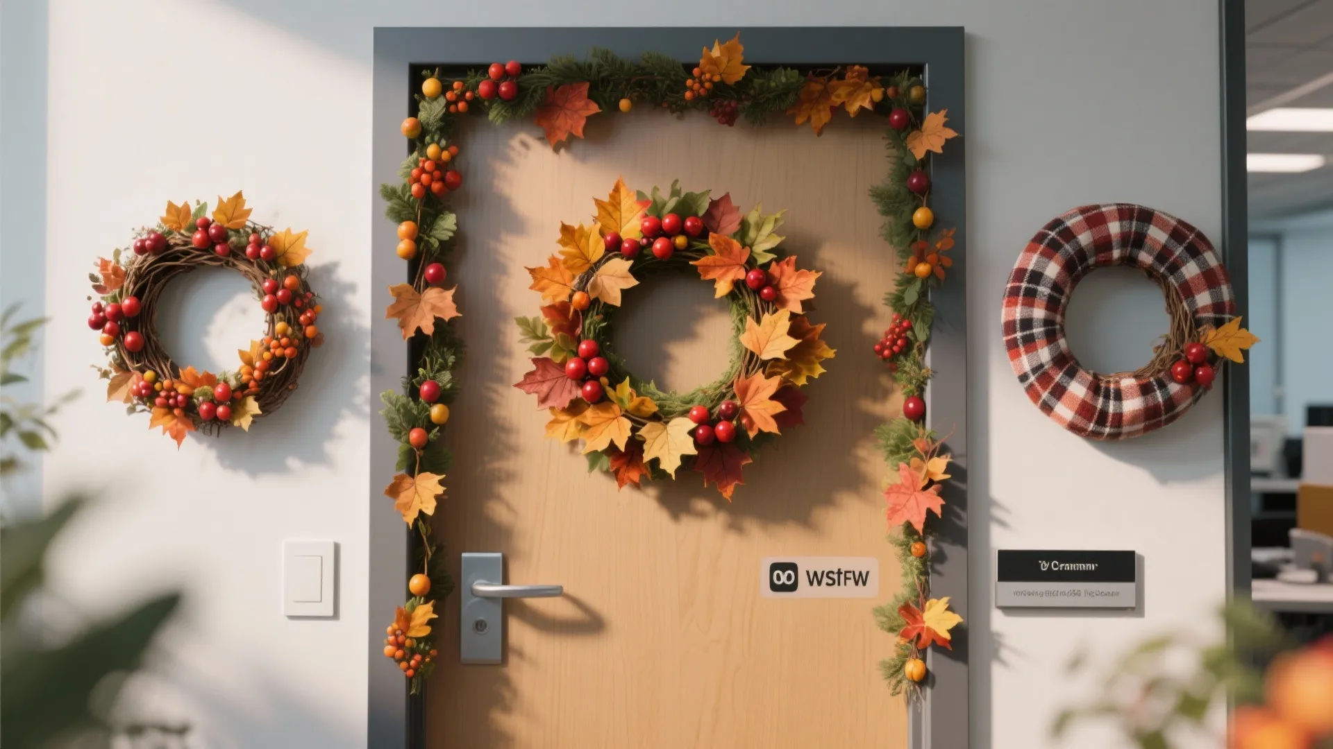 An office door with three seasonal wreaths in berries, leaves, and plaid