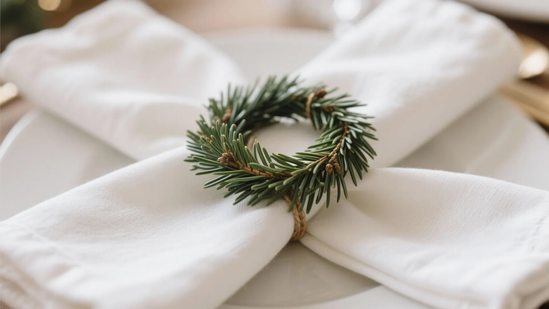 Close up of white cloth napkin decorated with small green pine branch wreath on dinner plate