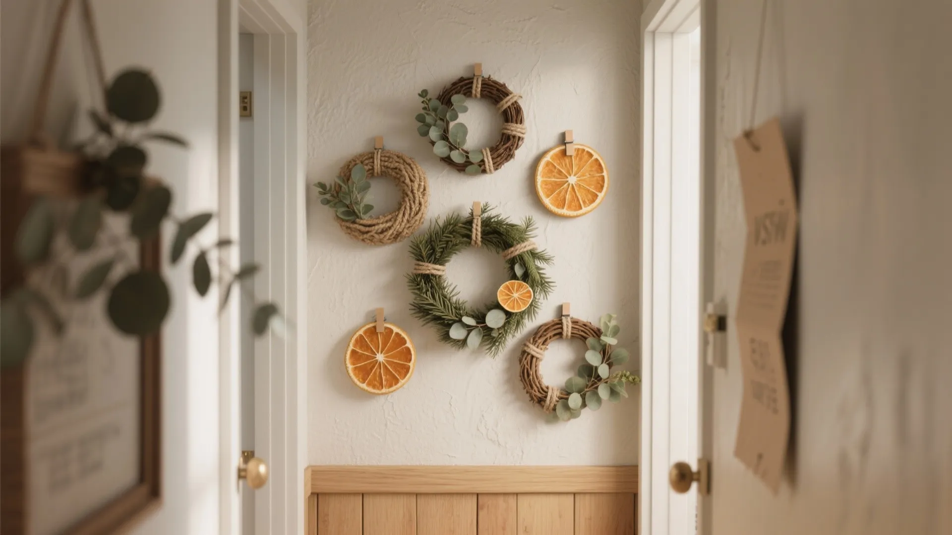 Small round wreaths and orange slices hanging on a white wall in a home hallway