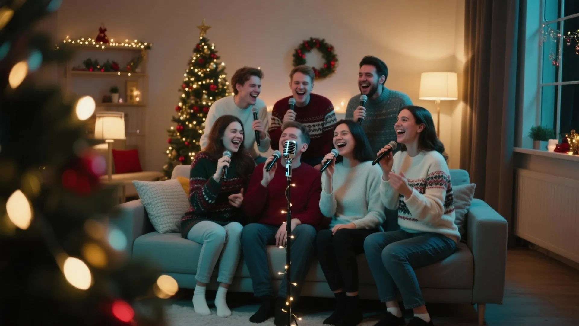 Group of friends singing karaoke in living room with a Christmas tree and warm light