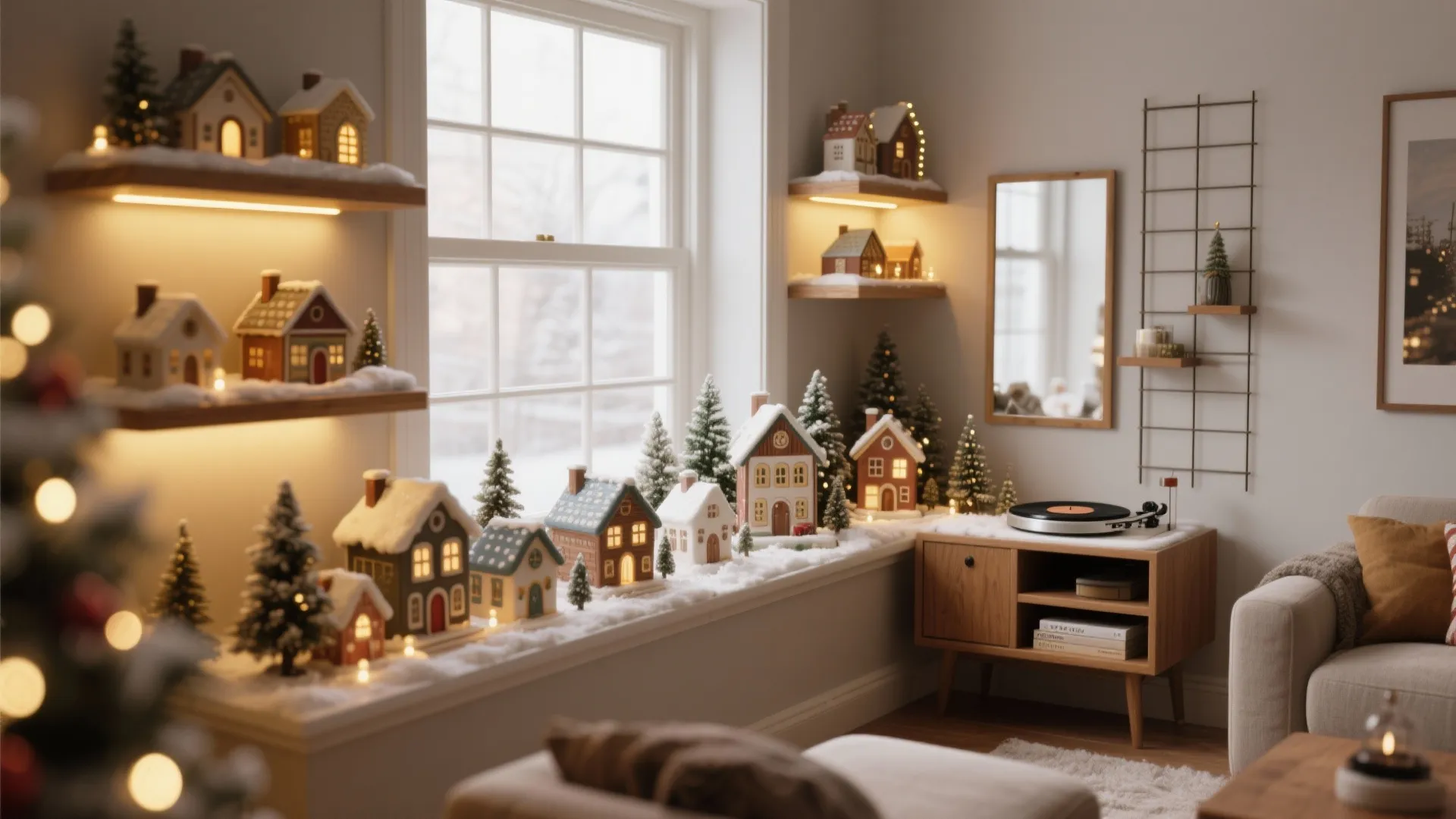 Cozy room with small toy houses on windowsills and shelves near a wooden storage cabinet