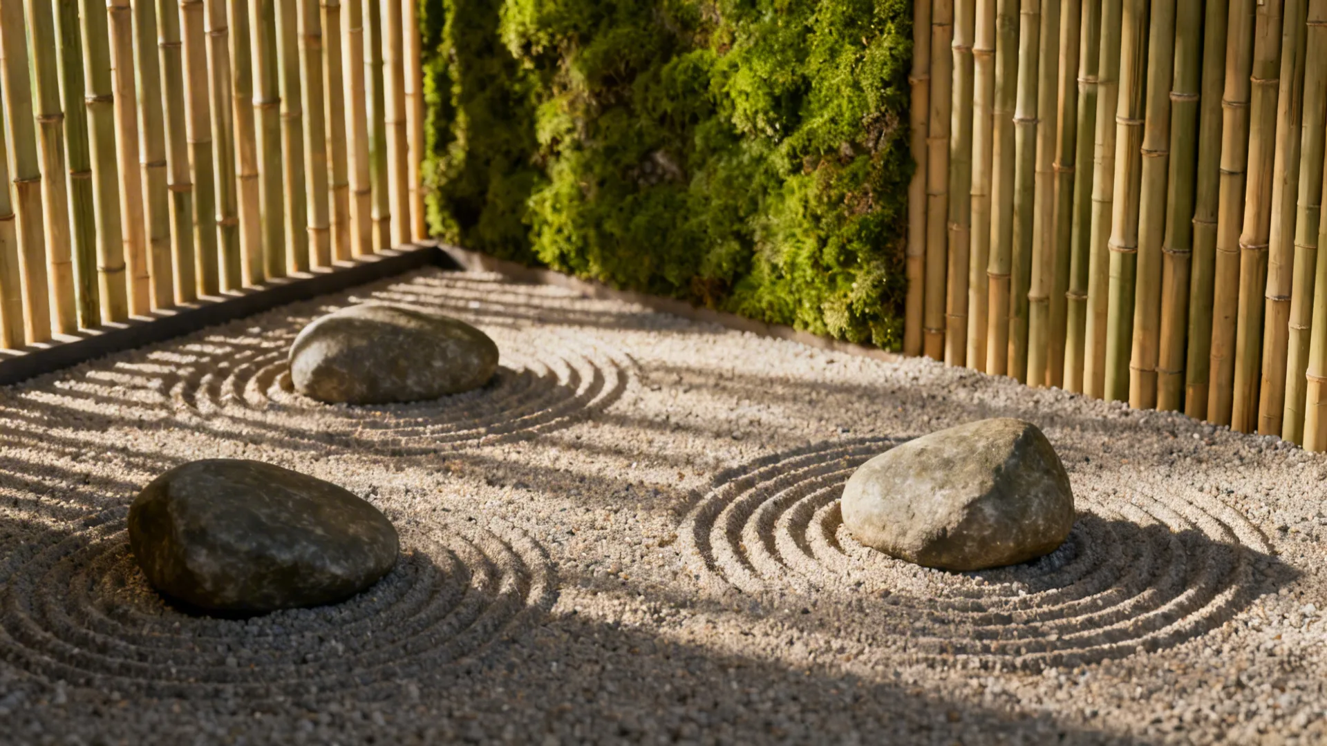 Mini zen sand garden with raked gravel, stones and a vertical moss bamboo screen.